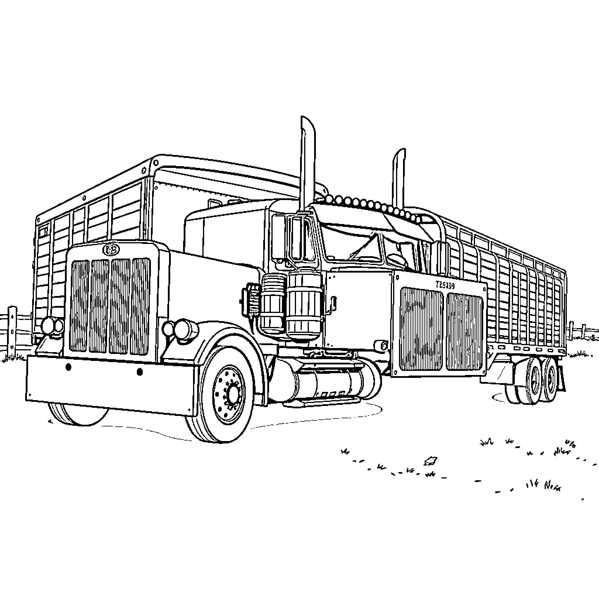 Peterbilt semi-truck transporting goods on the road Coloring Page (free black-and-white line drawing printable PDF for all, from beginners to advanced learners, including children, teens, adults, and seniors)