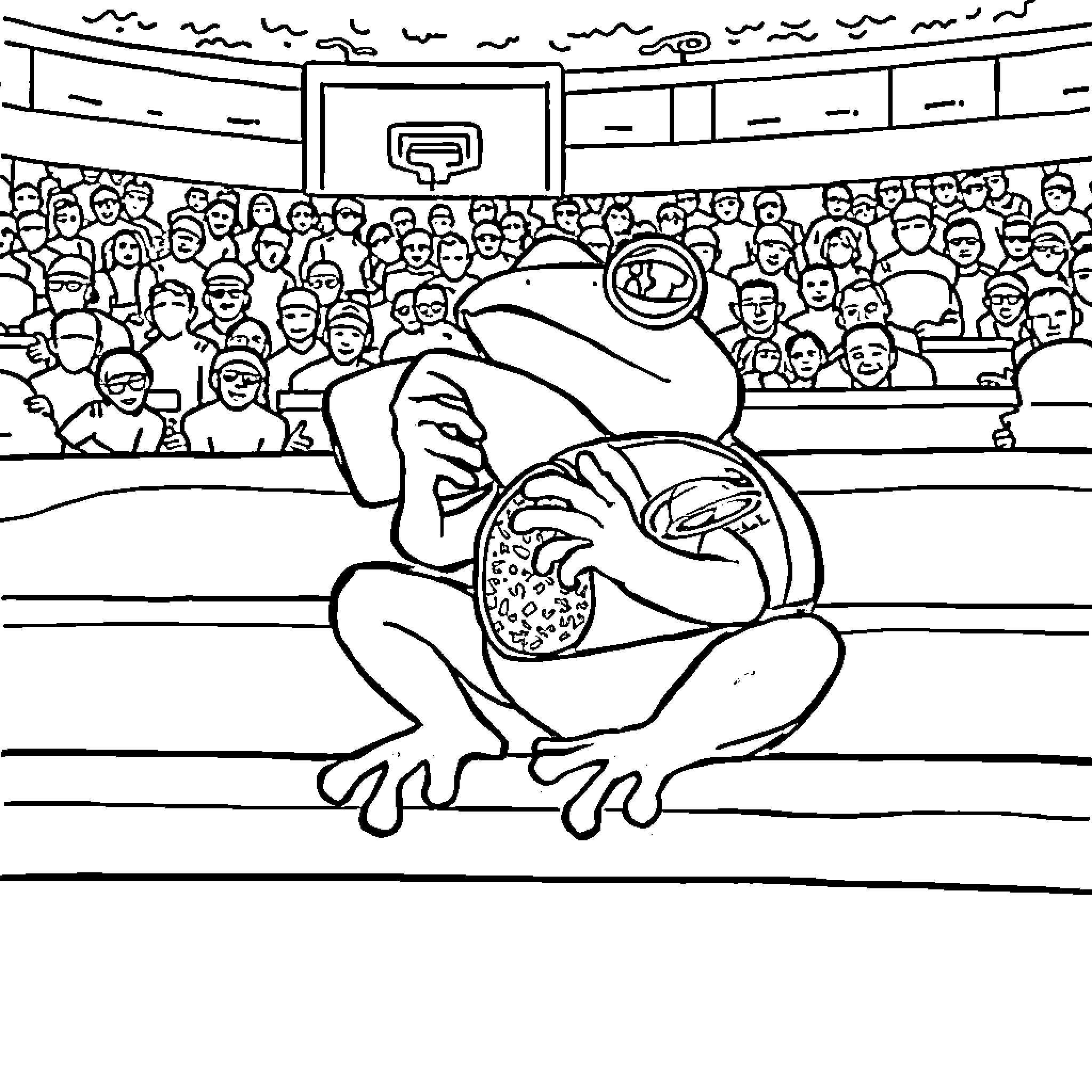 Frog performing acrobatics in a crowded stadium Coloring Page (free black-and-white line drawing printable PDF for all, from beginners to advanced learners, including children, teens, adults, and seniors)