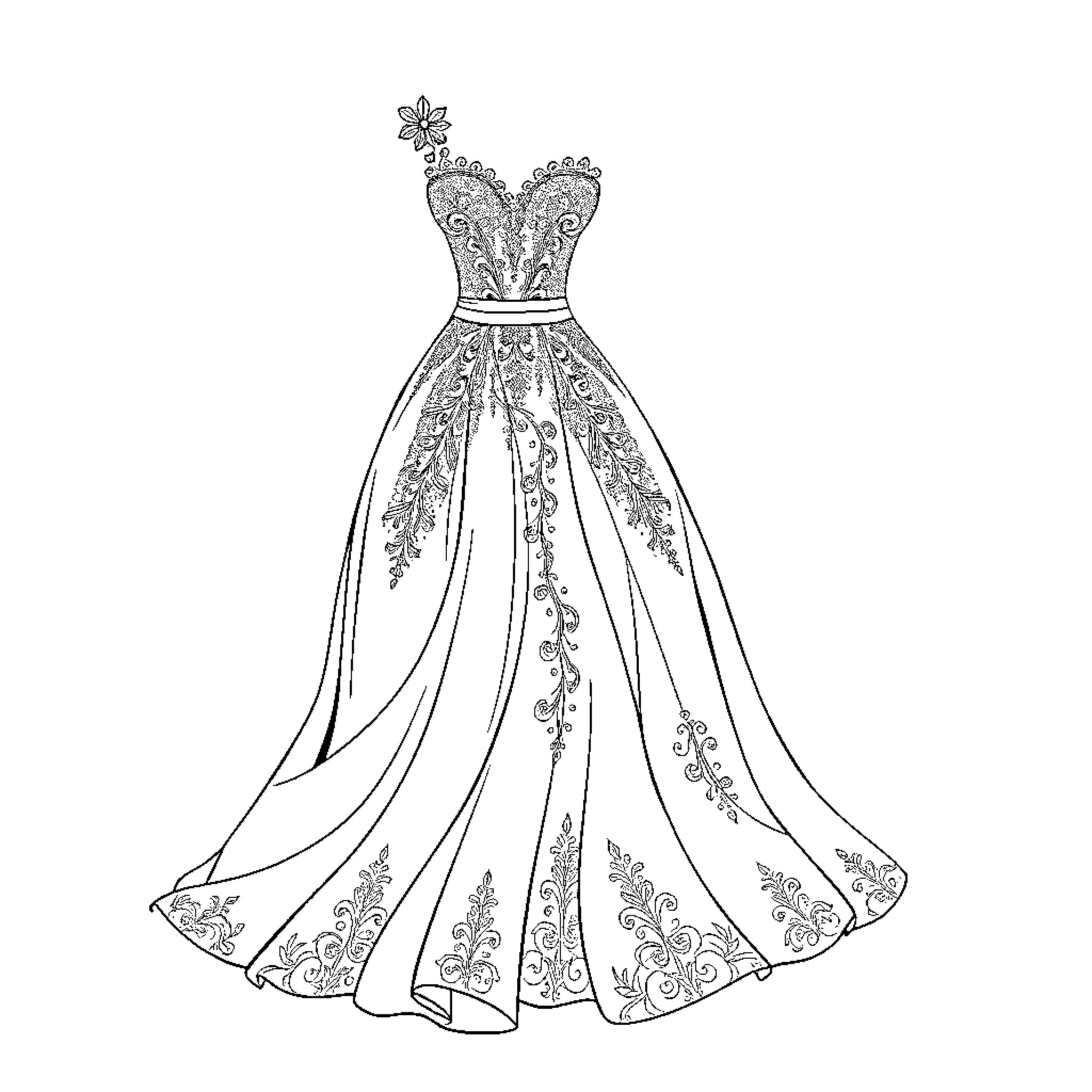 Dress with Intricate Floral Designs Coloring Page (free black-and-white line drawing printable PDF for all, from beginners to advanced learners, including children, teens, adults, and seniors)