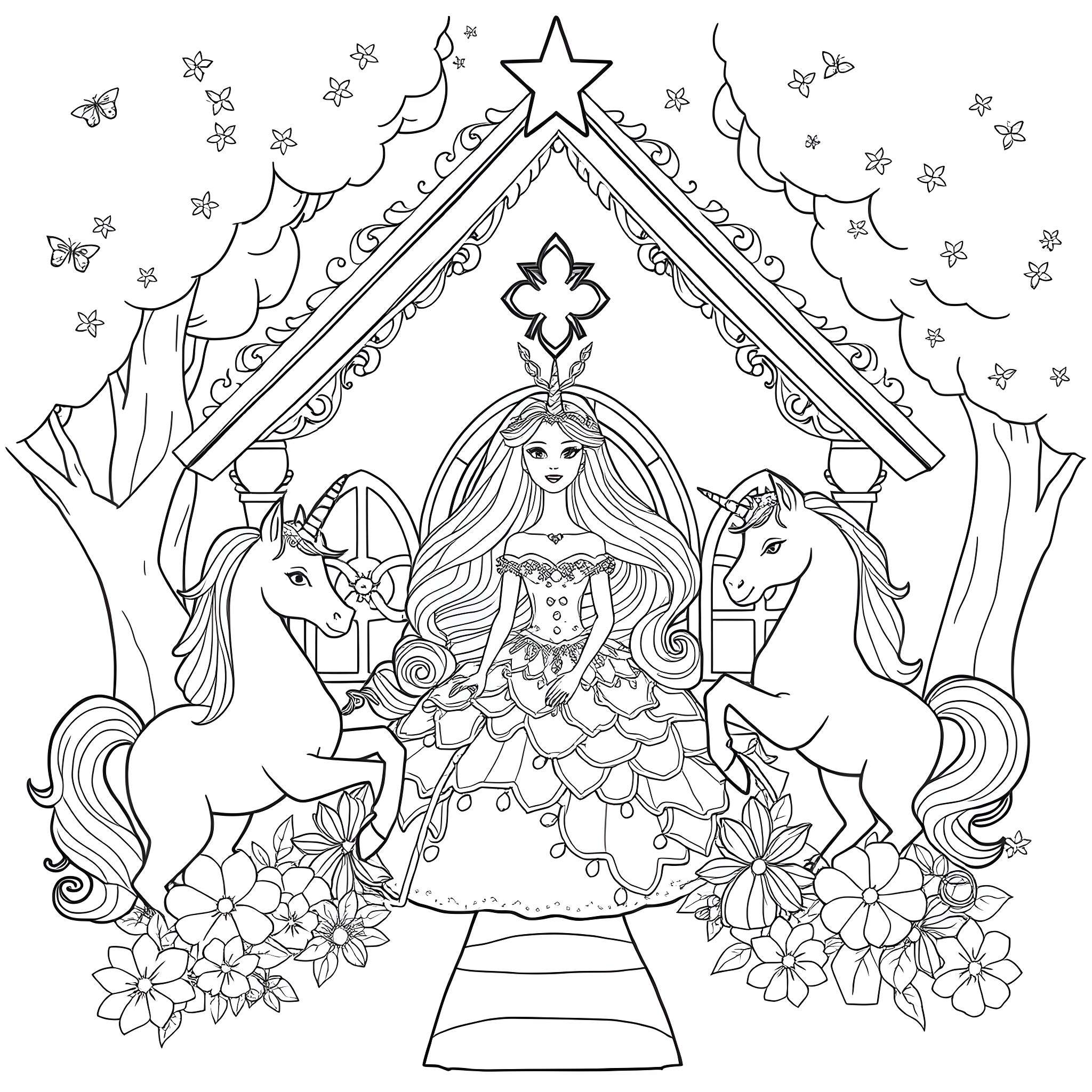 Barbie in a Magical Fairy-tale Scene Coloring Page (free black-and-white line drawing printable PDF for all, from beginners to advanced learners, including children, teens, adults, and seniors)