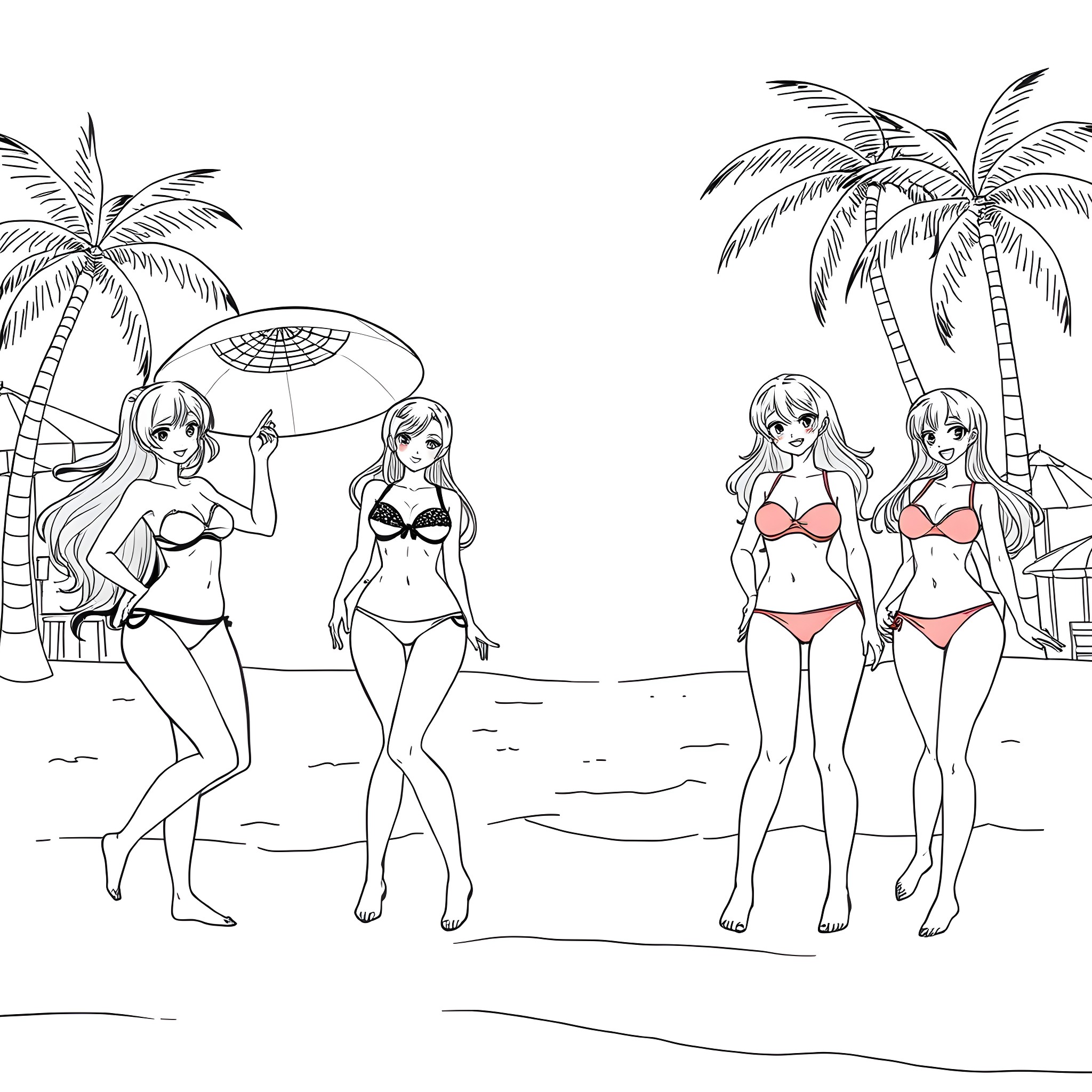 Bikini Girls Enjoying the Beach Coloring Page (free black-and-white line drawing printable PDF for all, from beginners to advanced learners, including children, teens, adults, and seniors)