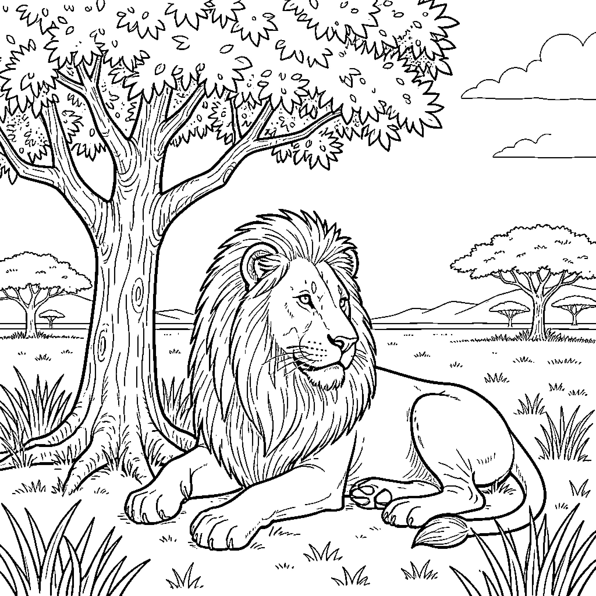 Lion resting peacefully in the African savanna Coloring Page (free black-and-white line drawing printable PDF for all, from beginners to advanced learners, including children, teens, adults, and seniors)