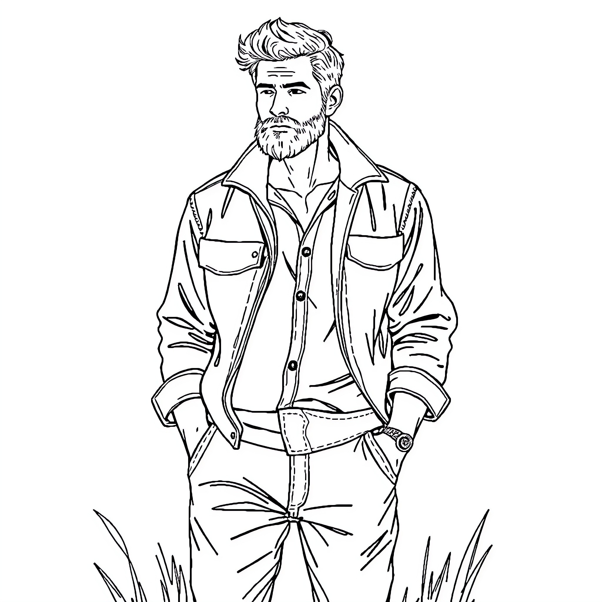 Man with Casual Attire and Pensive Expression Coloring Page (free black-and-white line drawing printable PDF for all, from beginners to advanced learners, including children, teens, adults, and seniors)