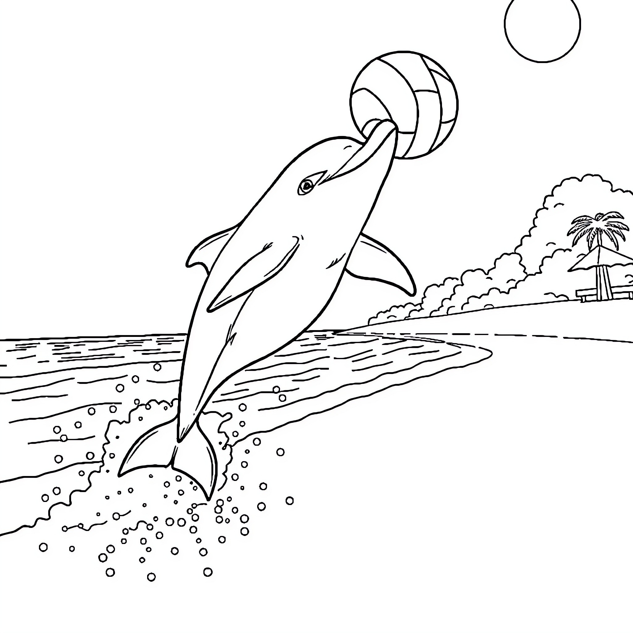 Dolphin playing with beach ball in the ocean Coloring Page (free black-and-white line drawing printable PDF for all, from beginners to advanced learners, including children, teens, adults, and seniors)