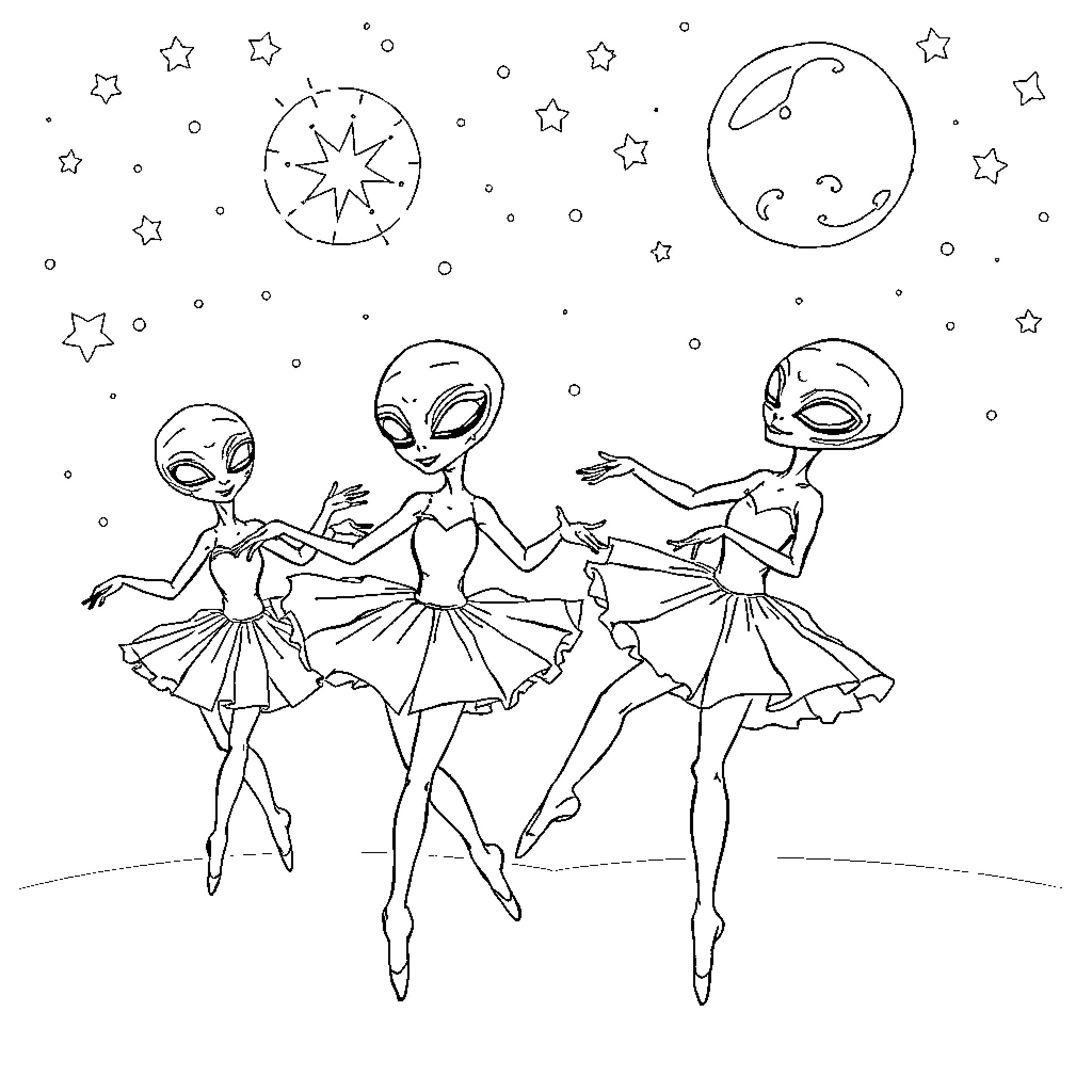 Alien ballerinas dancing under the starry sky Coloring Page (free black-and-white line drawing printable PDF for all, from beginners to advanced learners, including children, teens, adults, and seniors)