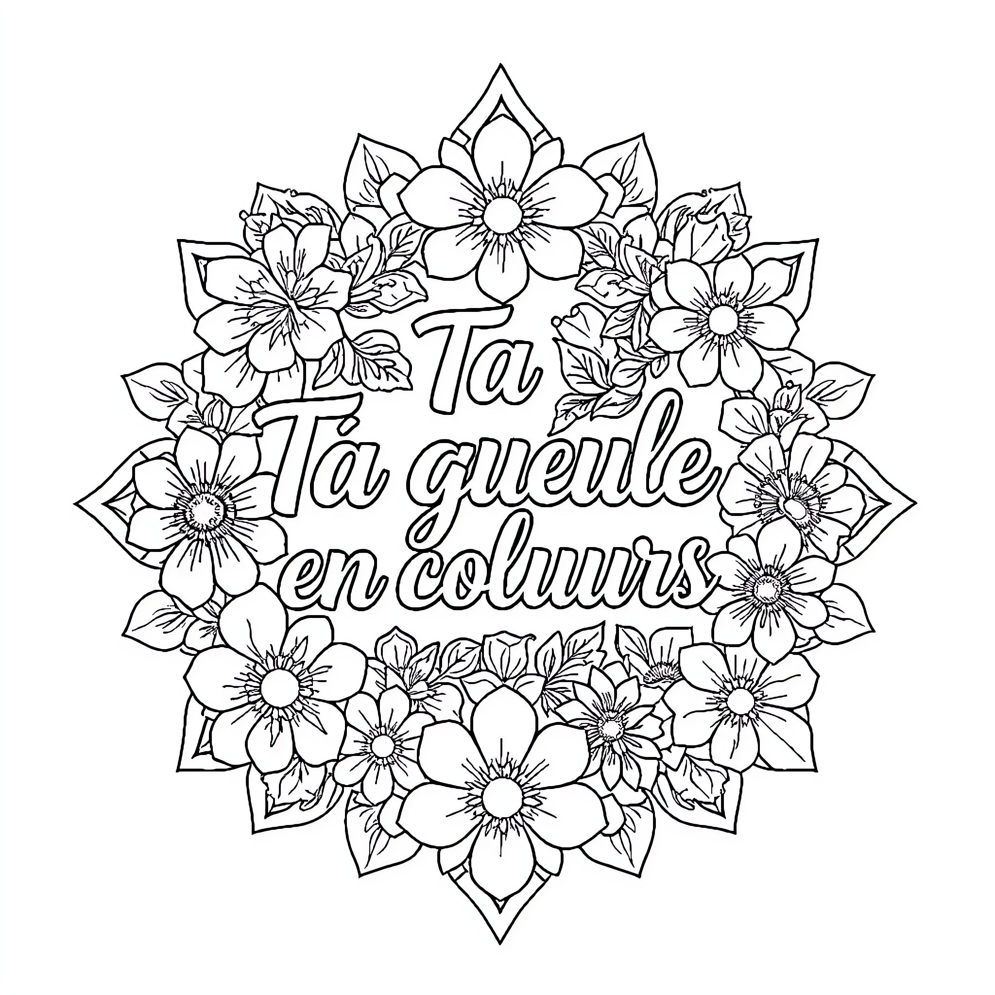 Phrase of floral pattern with calligraphic text Coloring Page (free black-and-white line drawing printable PDF for all, from beginners to advanced learners, including children, teens, adults, and seniors)