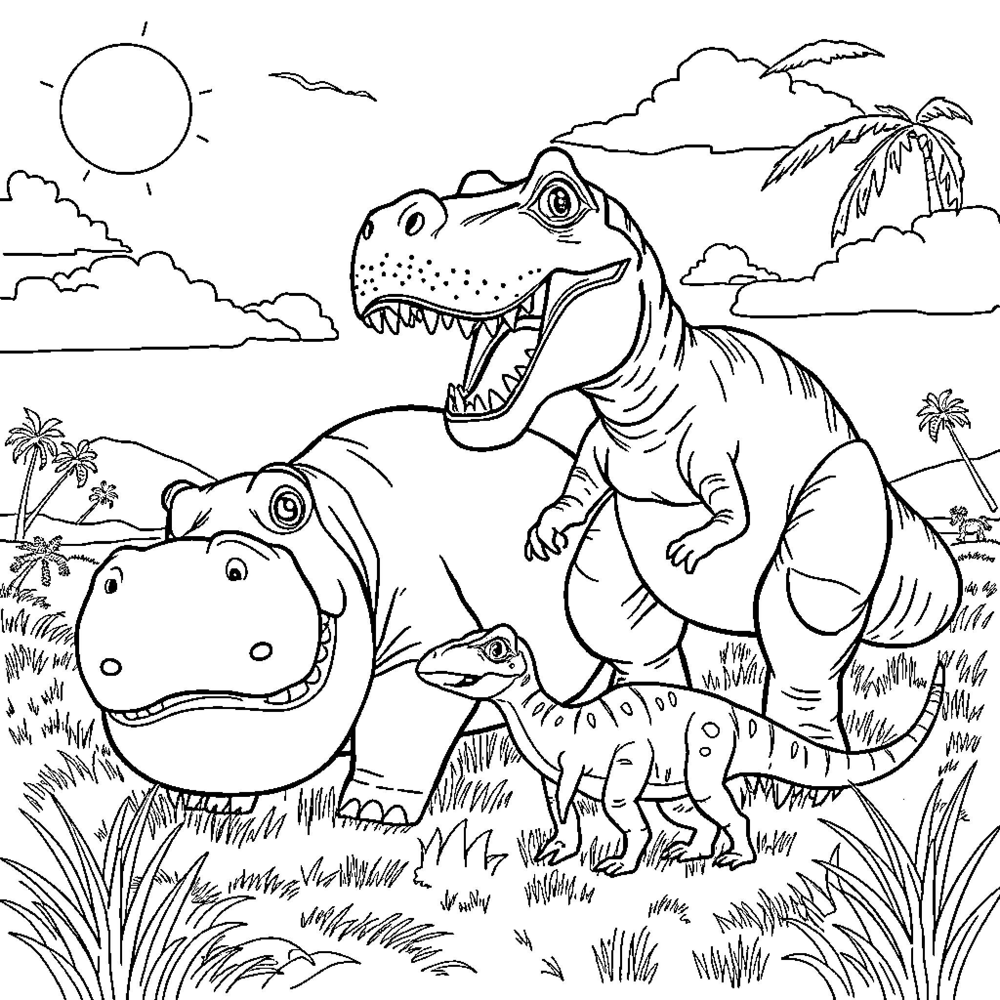 Dinosaurs roaming in a tropical landscape Coloring Page (free black-and-white line drawing printable PDF for all, from beginners to advanced learners, including children, teens, adults, and seniors)
