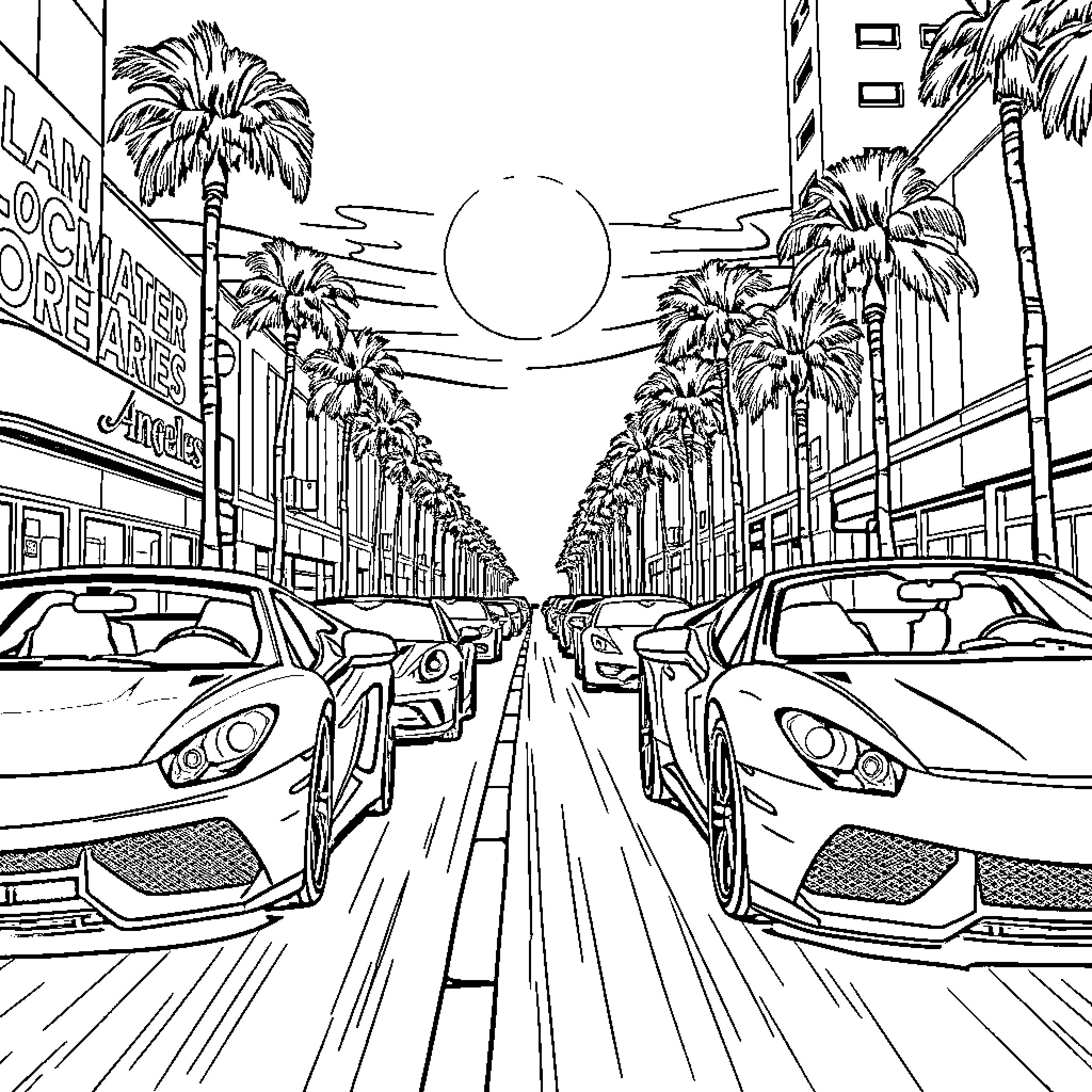 Sports Cars in a Vibrant City Street Coloring Page (free black-and-white line drawing printable PDF for all, from beginners to advanced learners, including children, teens, adults, and seniors)