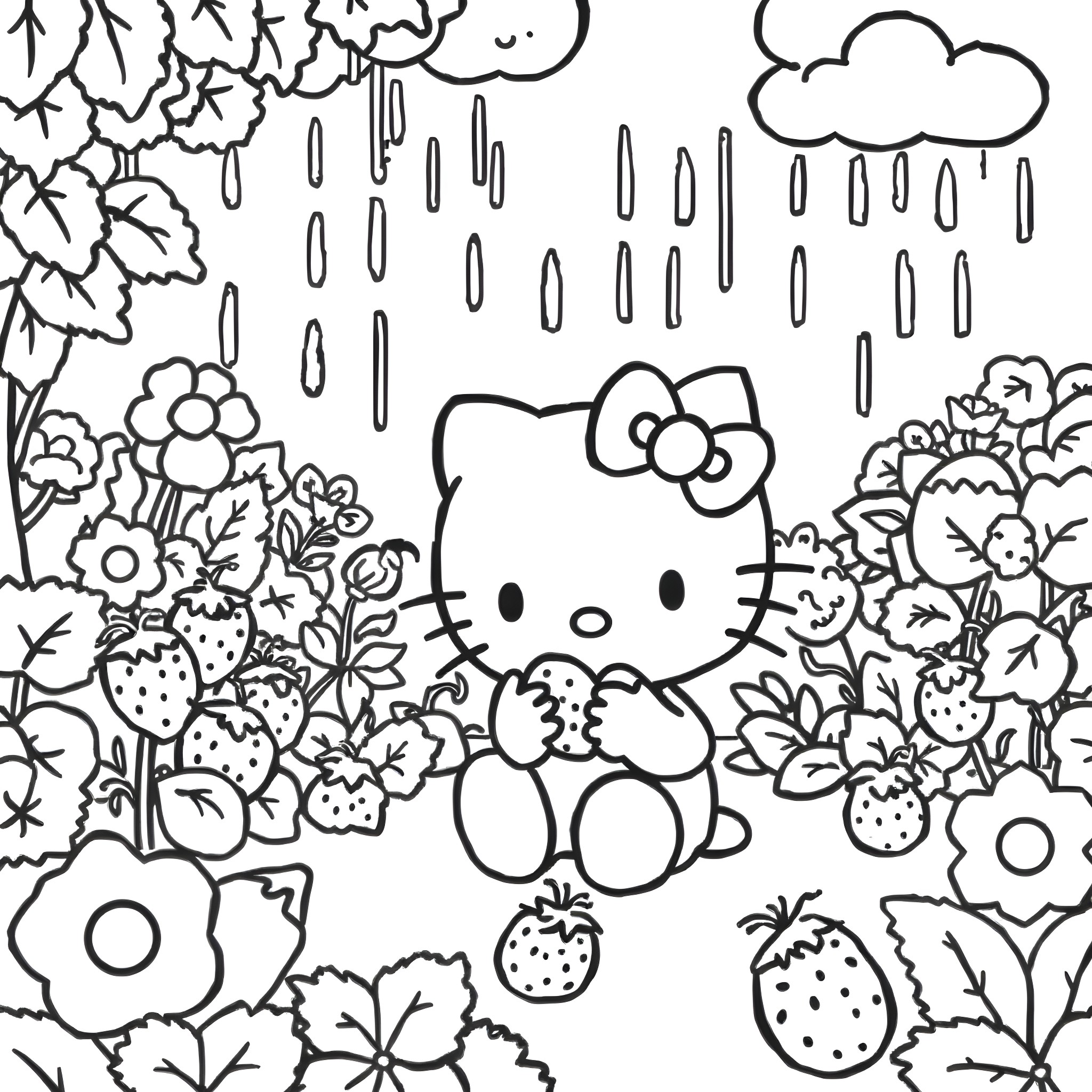 Hello Kitty enjoying a rainy day with flowers and berries Coloring Page (free black-and-white line drawing printable PDF for all, from beginners to advanced learners, including children, teens, adults, and seniors)