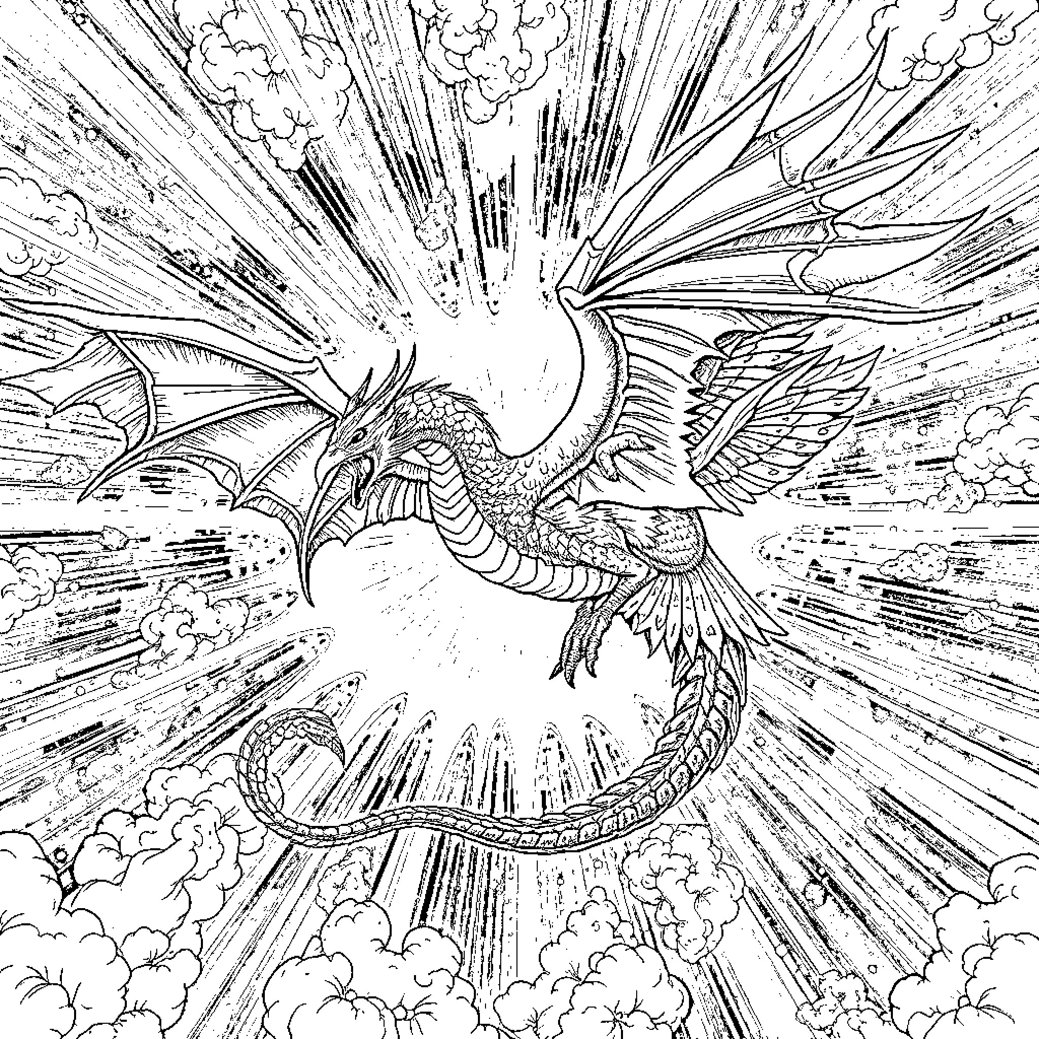 Dragon soaring through the sky with wings spread Coloring Page (free black-and-white line drawing printable PDF for all, from beginners to advanced learners, including children, teens, adults, and seniors)