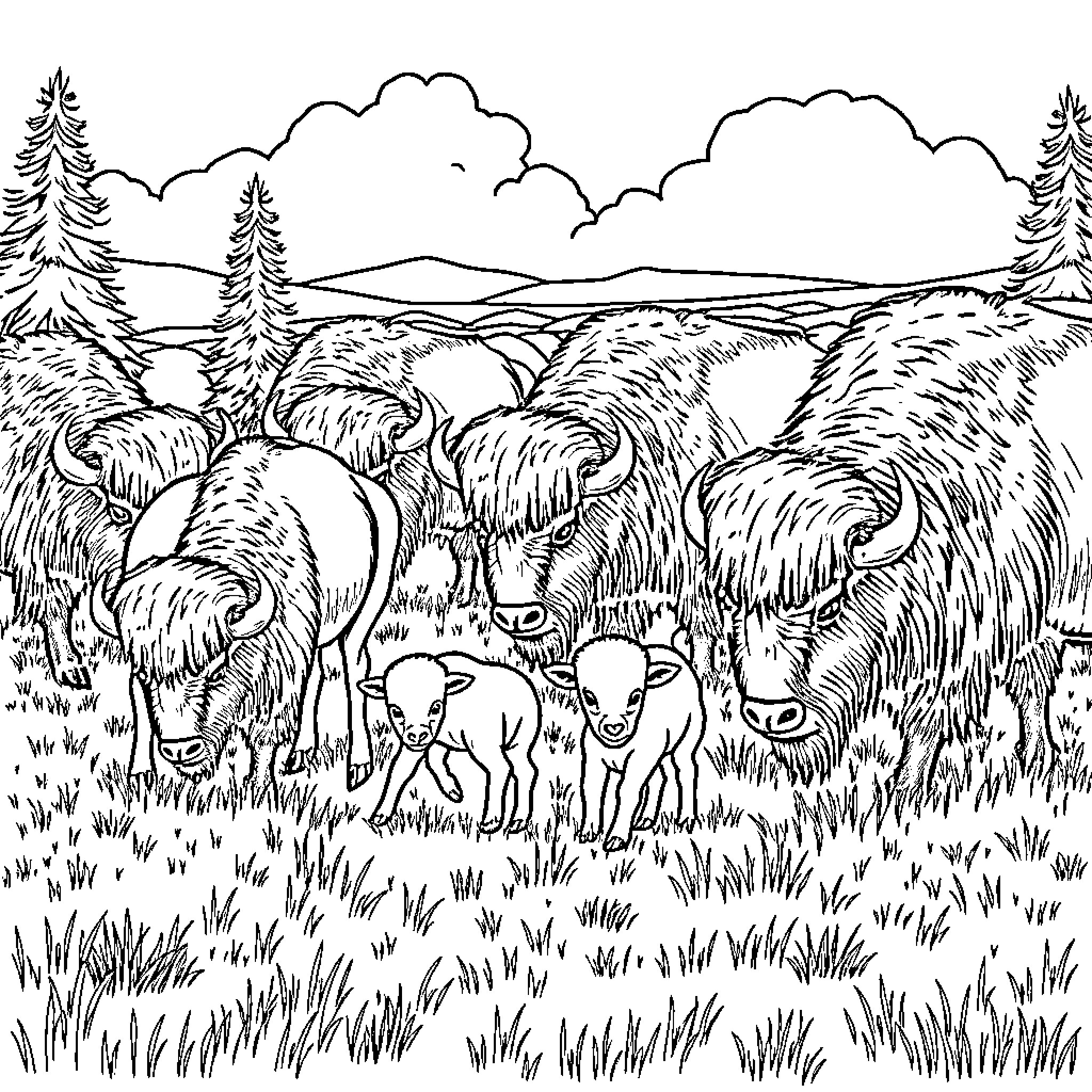 Bison grazing peacefully in a scenic landscape Coloring Page (free black-and-white line drawing printable PDF for all, from beginners to advanced learners, including children, teens, adults, and seniors)