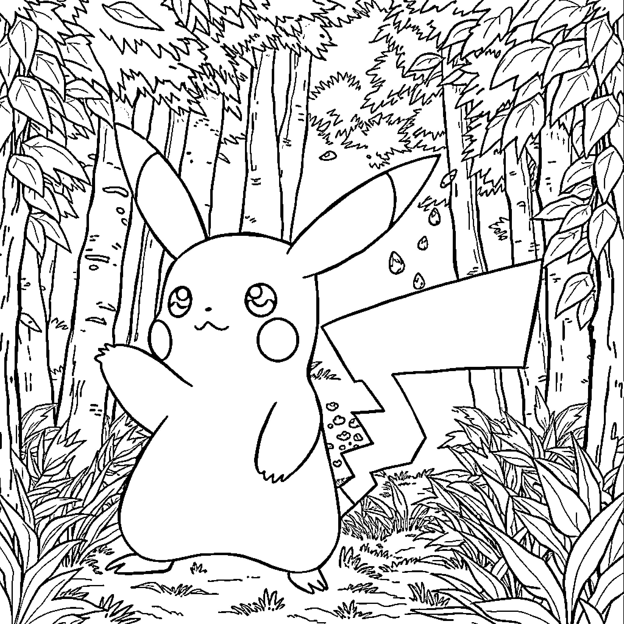Pikachu exploring the enchanted forest Coloring Page (free black-and-white line drawing printable PDF for all, from beginners to advanced learners, including children, teens, adults, and seniors)
