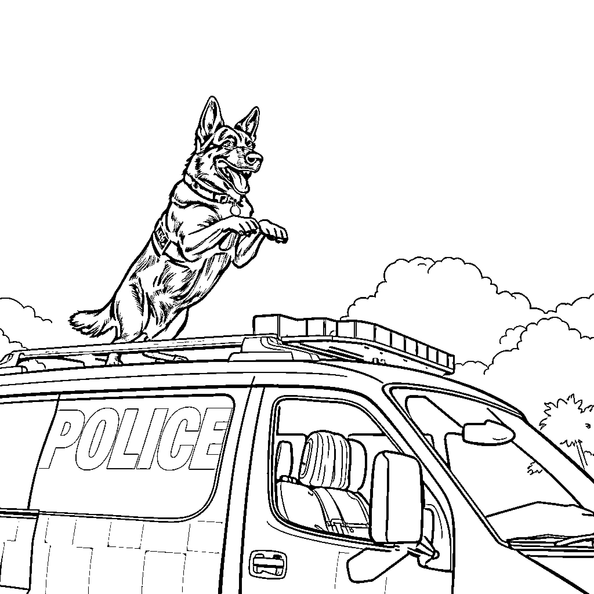 German Shepherd riding on top of police vehicle Coloring Page (free black-and-white line drawing printable PDF for all, from beginners to advanced learners, including children, teens, adults, and seniors)