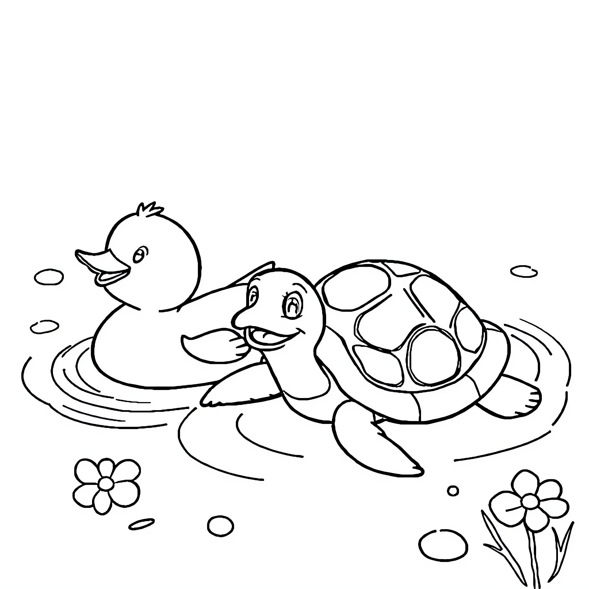 Duck friends enjoying a playful swim Coloring Page (free black-and-white line drawing printable PDF for all, from beginners to advanced learners, including children, teens, adults, and seniors)