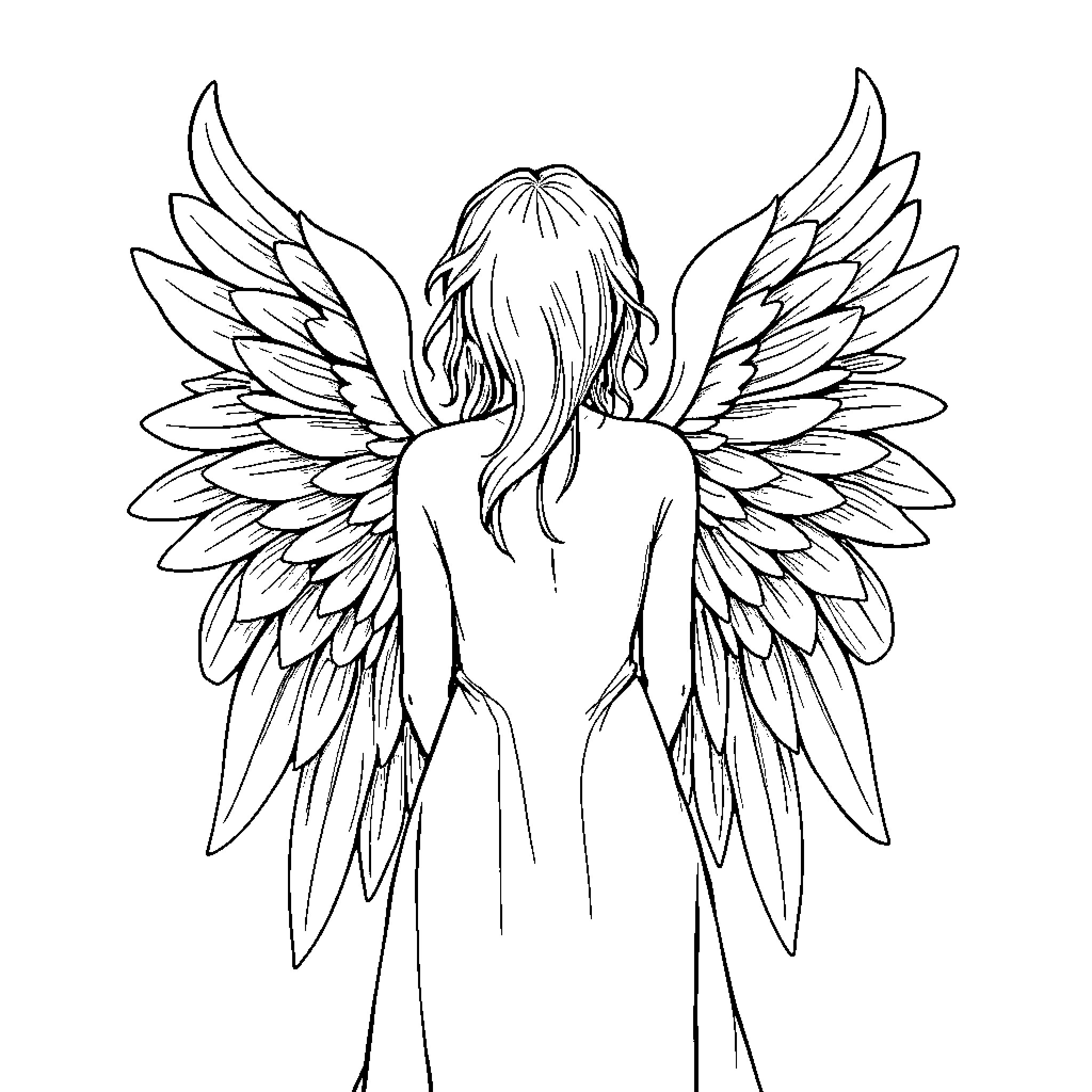 Angel with Majestic Wings Coloring Page (free black-and-white line drawing printable PDF for all, from beginners to advanced learners, including children, teens, adults, and seniors)