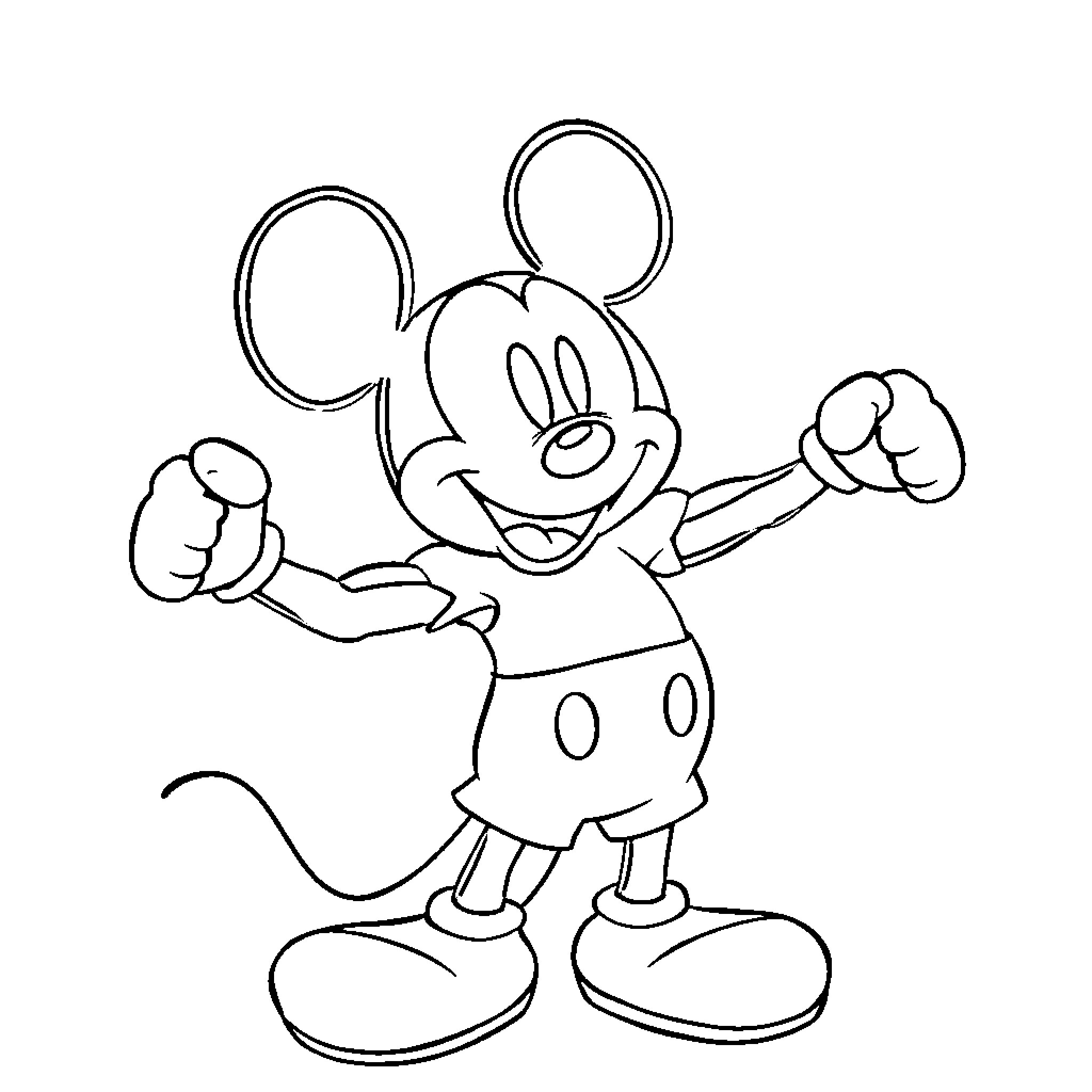 Mickey Mouse happily posing with raised fists Coloring Page (free black-and-white line drawing printable PDF for all, from beginners to advanced learners, including children, teens, adults, and seniors)