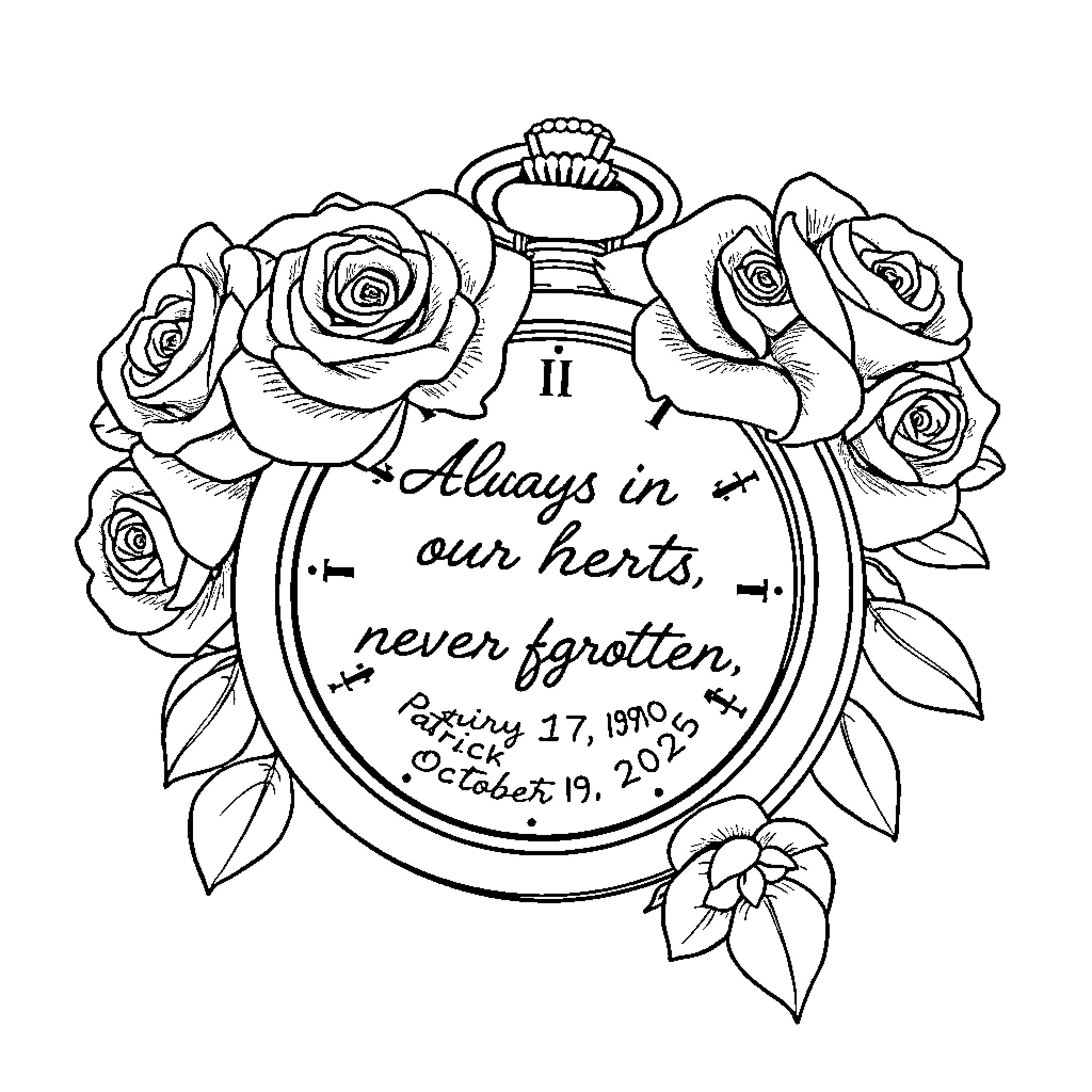 Rose Engraved Pocket Watch with Floral Arrangement Coloring Page (free black-and-white line drawing printable PDF for all, from beginners to advanced learners, including children, teens, adults, and seniors)