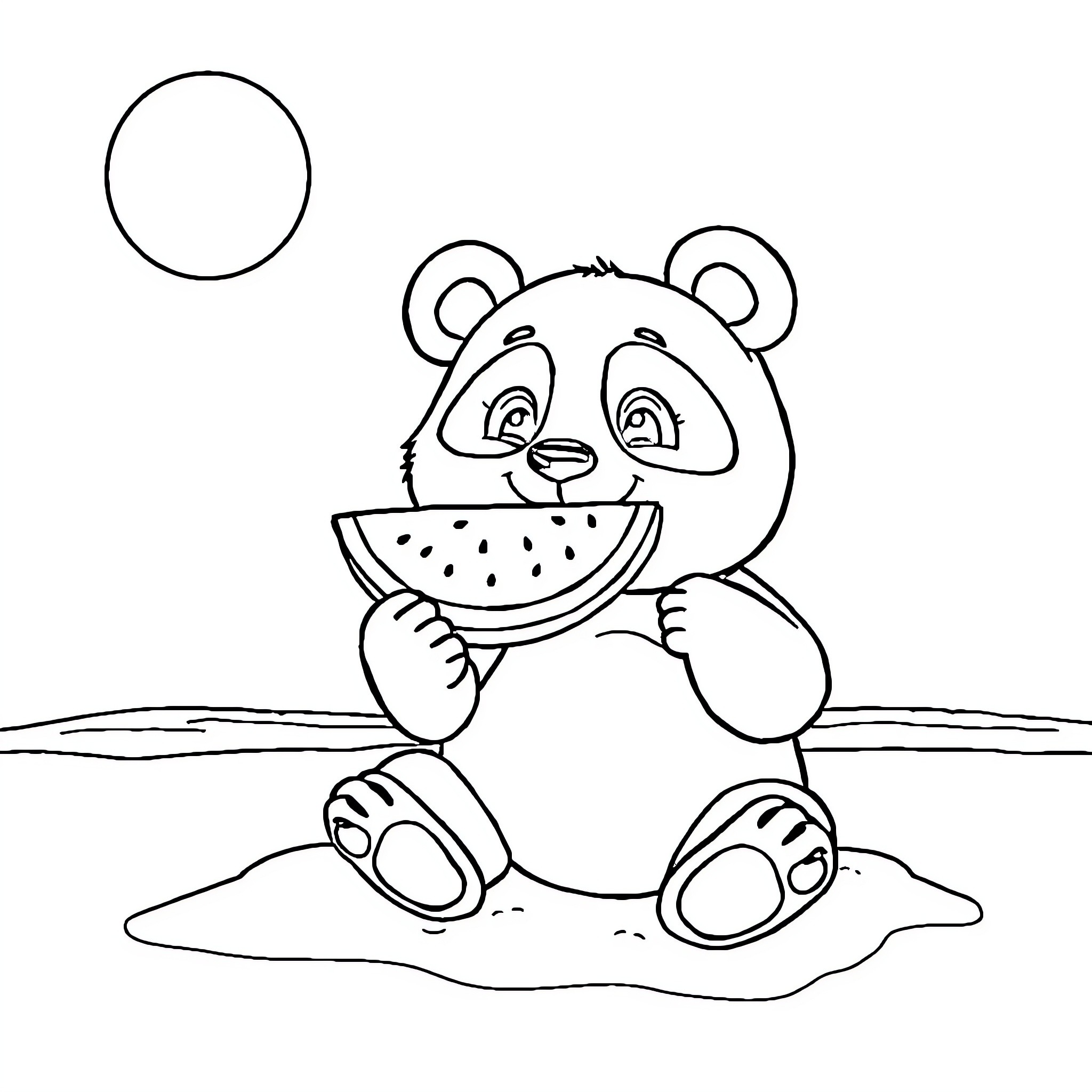 Panda enjoying a watermelon snack outdoors Coloring Page (free black-and-white line drawing printable PDF for all, from beginners to advanced learners, including children, teens, adults, and seniors)