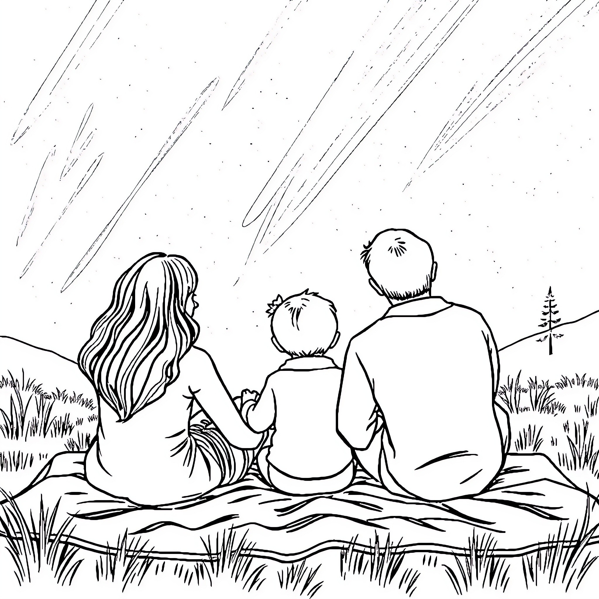 Family enjoying nature together outdoors Coloring Page (free black-and-white line drawing printable PDF for all, from beginners to advanced learners, including children, teens, adults, and seniors)