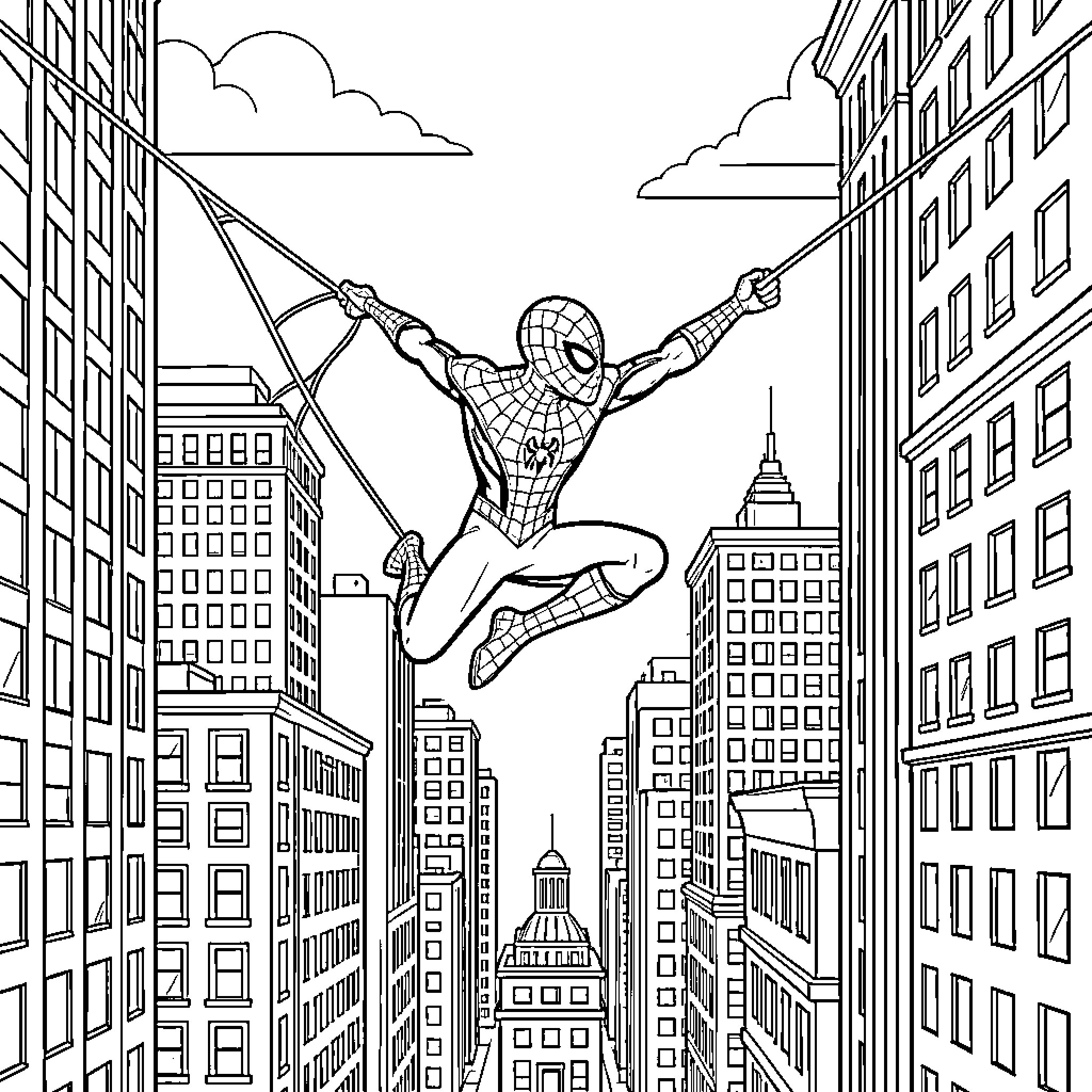 Spider hero swinging between tall city buildings Coloring Page (free black-and-white line drawing printable PDF for all, from beginners to advanced learners, including children, teens, adults, and seniors)