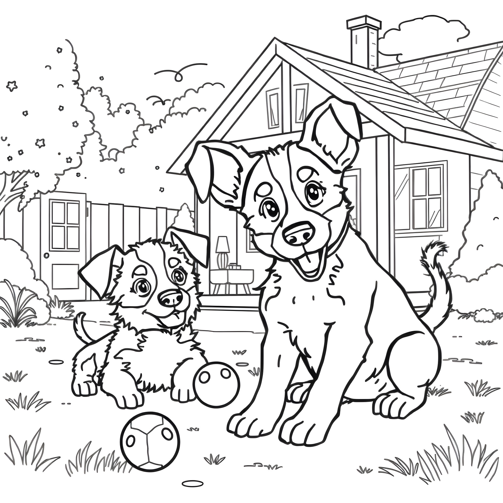 Bluey and friends playing outside their house Coloring Page (free black-and-white line drawing printable PDF for all, from beginners to advanced learners, including children, teens, adults, and seniors)