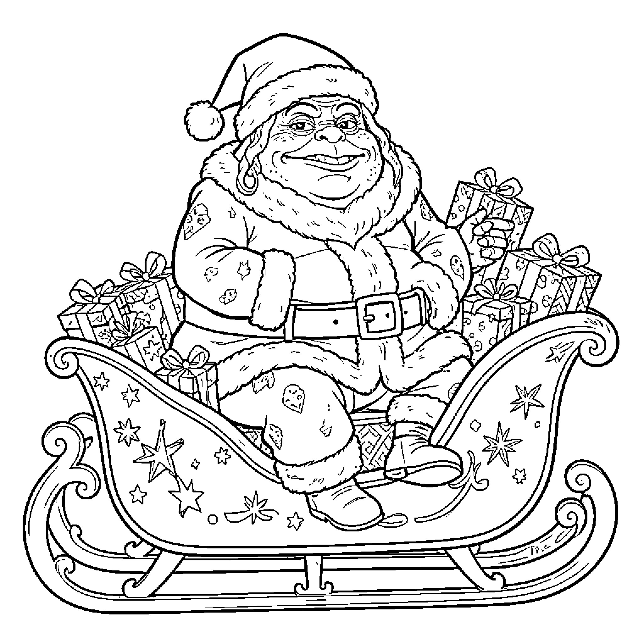 Jabba the Hutt dressed as Santa in a sleigh Coloring Page (free black-and-white line drawing printable PDF for all, from beginners to advanced learners, including children, teens, adults, and seniors)