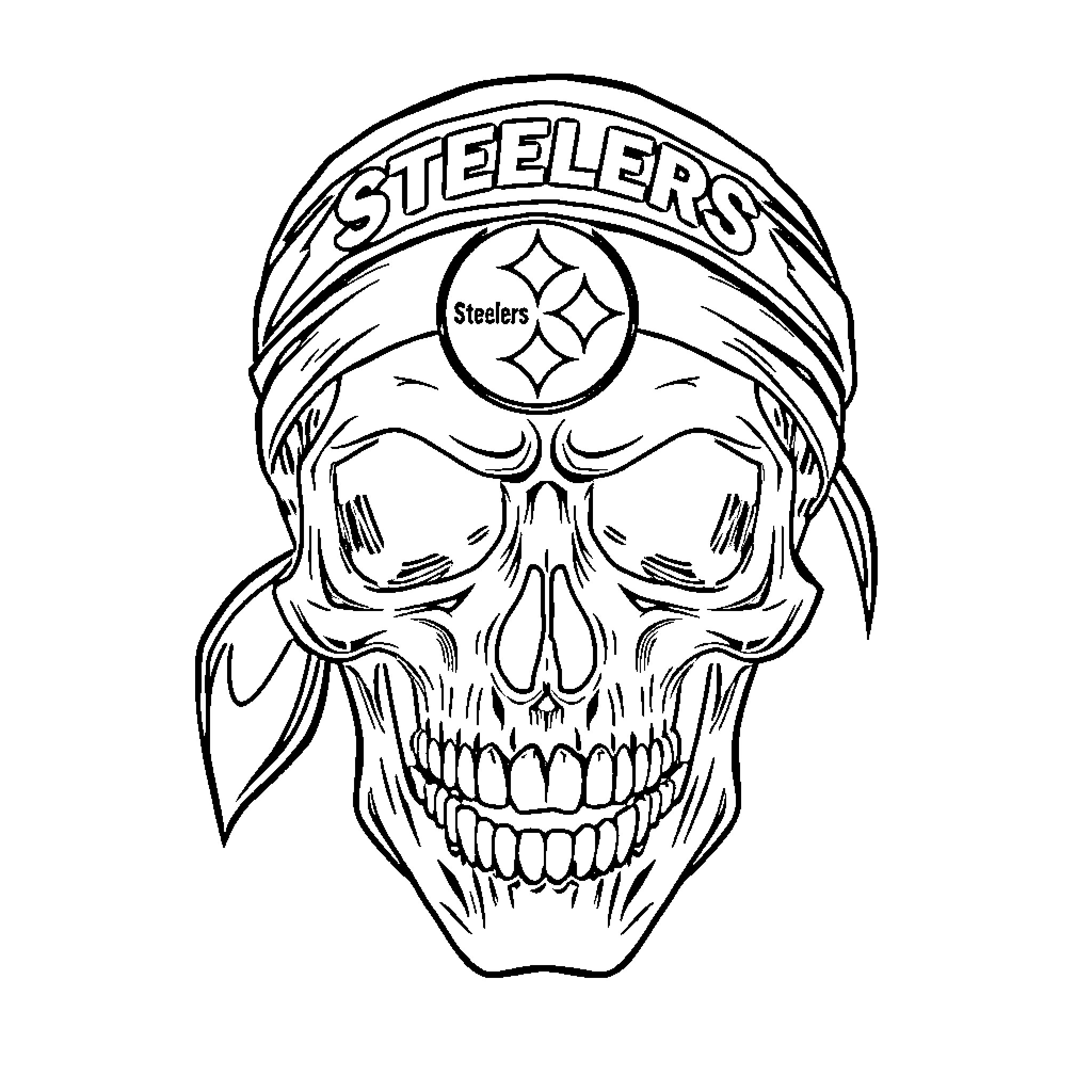 Skull with Steelers Bandana Coloring Page (free black-and-white line drawing printable PDF for all, from beginners to advanced learners, including children, teens, adults, and seniors)