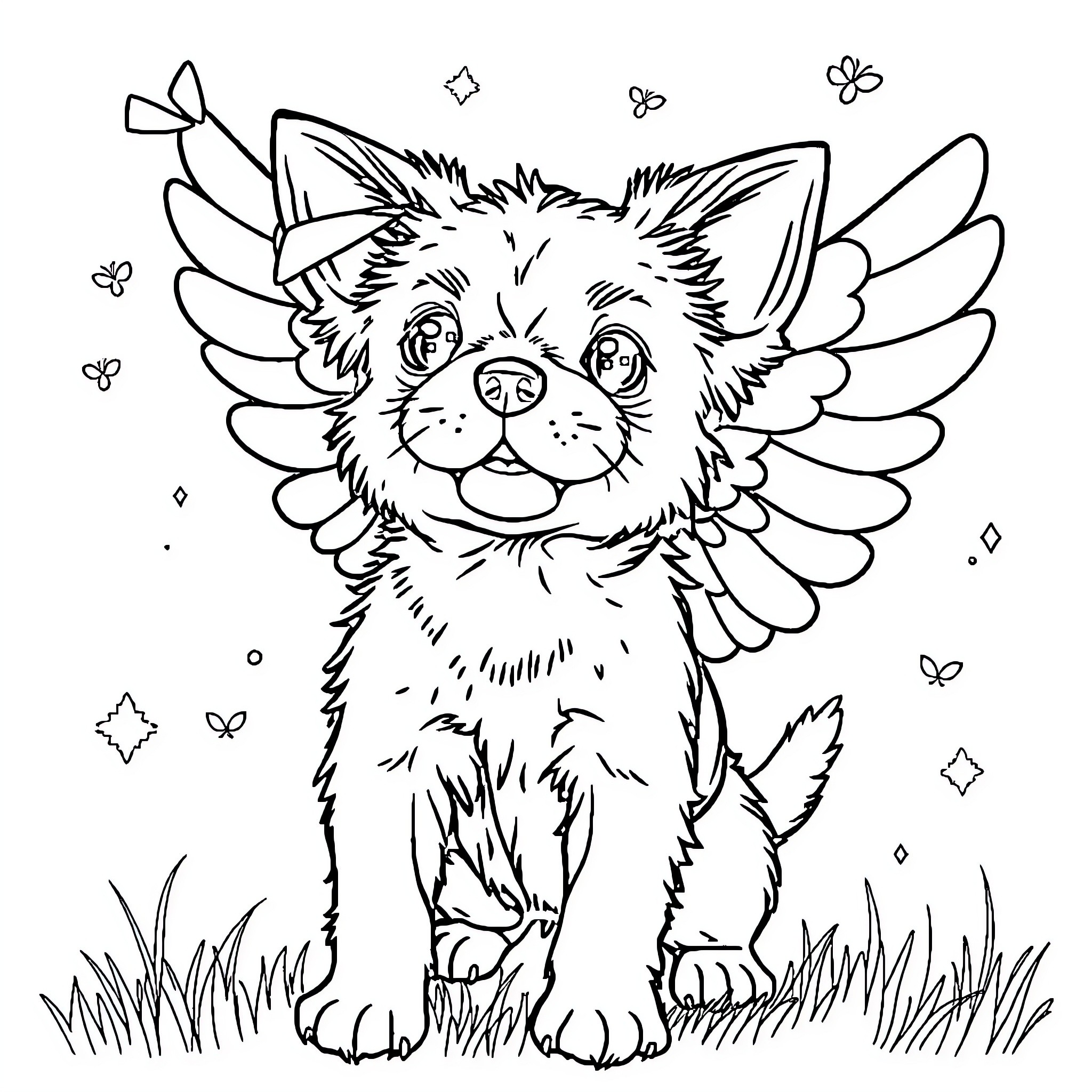 Dog with angel wings in a grassy field Coloring Page (free black-and-white line drawing printable PDF for all, from beginners to advanced learners, including children, teens, adults, and seniors)