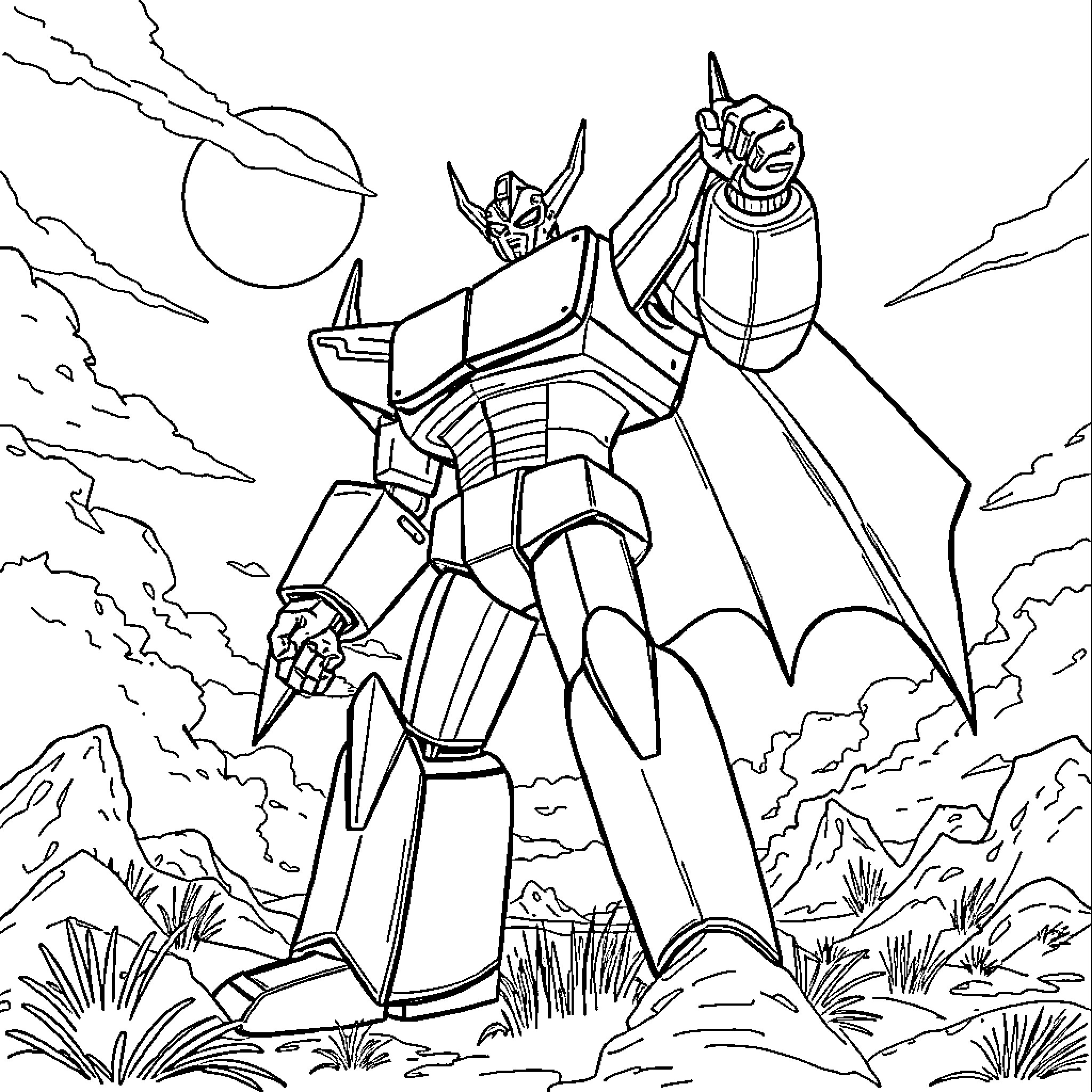 Mazinger Z battles against adversaries in a dramatic scene Coloring Page (free black-and-white line drawing printable PDF for all, from beginners to advanced learners, including children, teens, adults, and seniors)