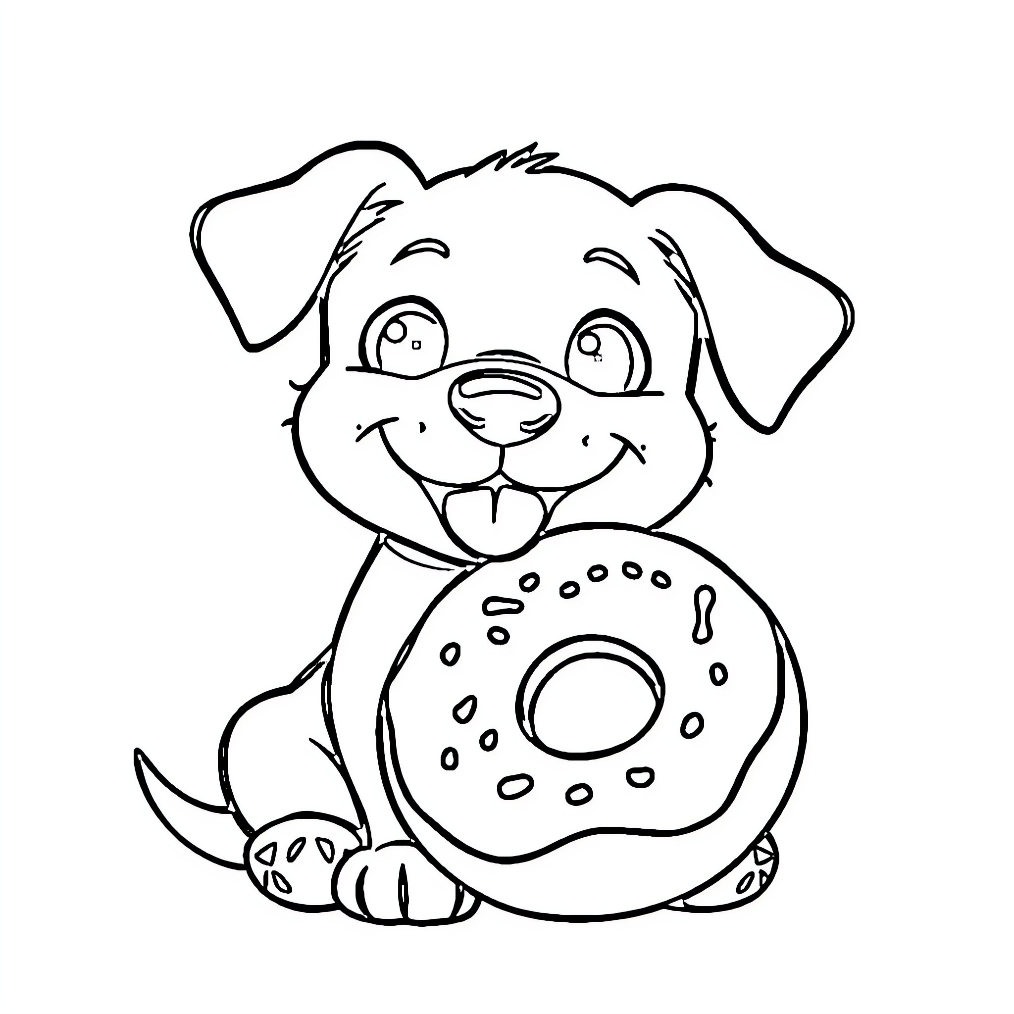 Dog enjoying a tasty donut Coloring Page (free black-and-white line drawing printable PDF for all, from beginners to advanced learners, including children, teens, adults, and seniors)