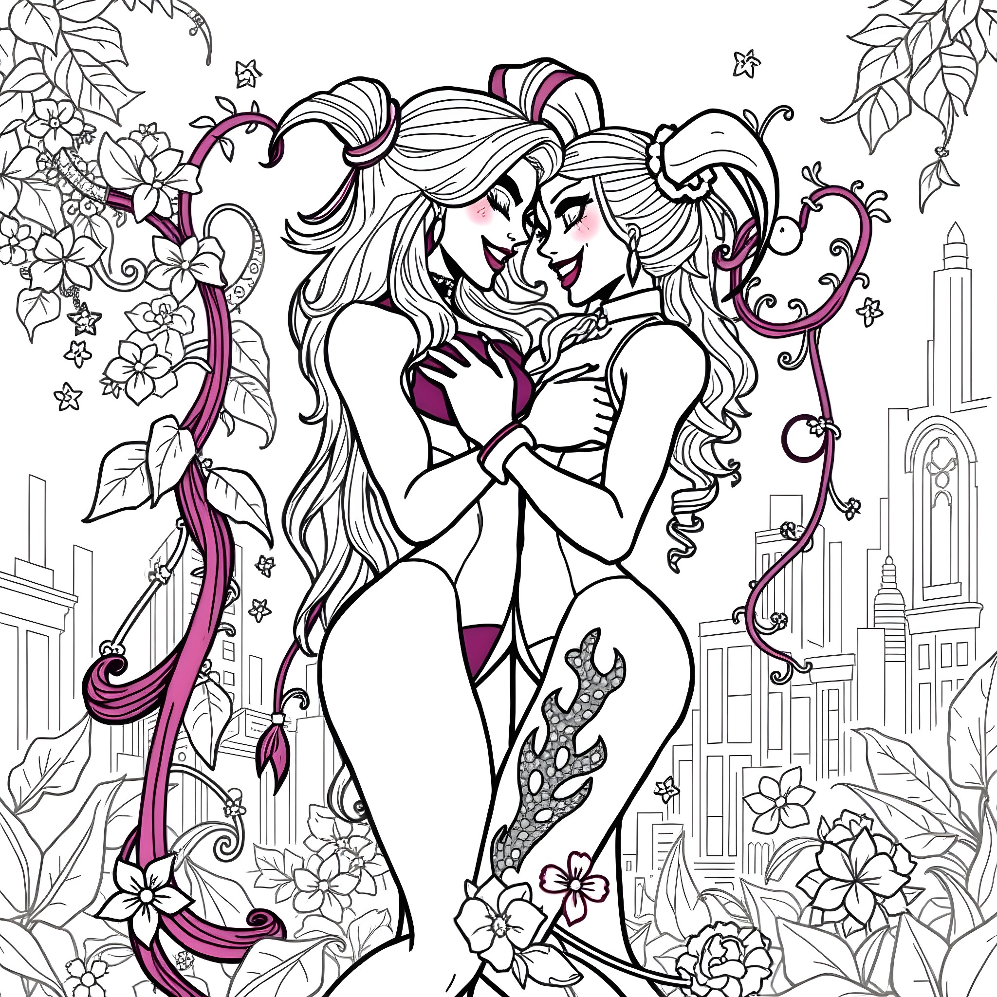Poison Ivy's Affectionate Embrace with Floral Surroundings Coloring Page (free black-and-white line drawing printable PDF for all, from beginners to advanced learners, including children, teens, adults, and seniors)
