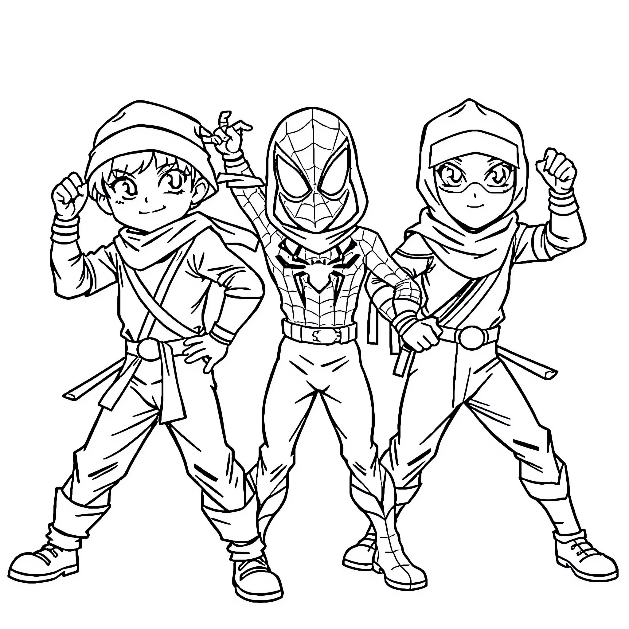 Ninja Kid Trio in Action Adventure Outfits Coloring Page (free black-and-white line drawing printable PDF for all, from beginners to advanced learners, including children, teens, adults, and seniors)