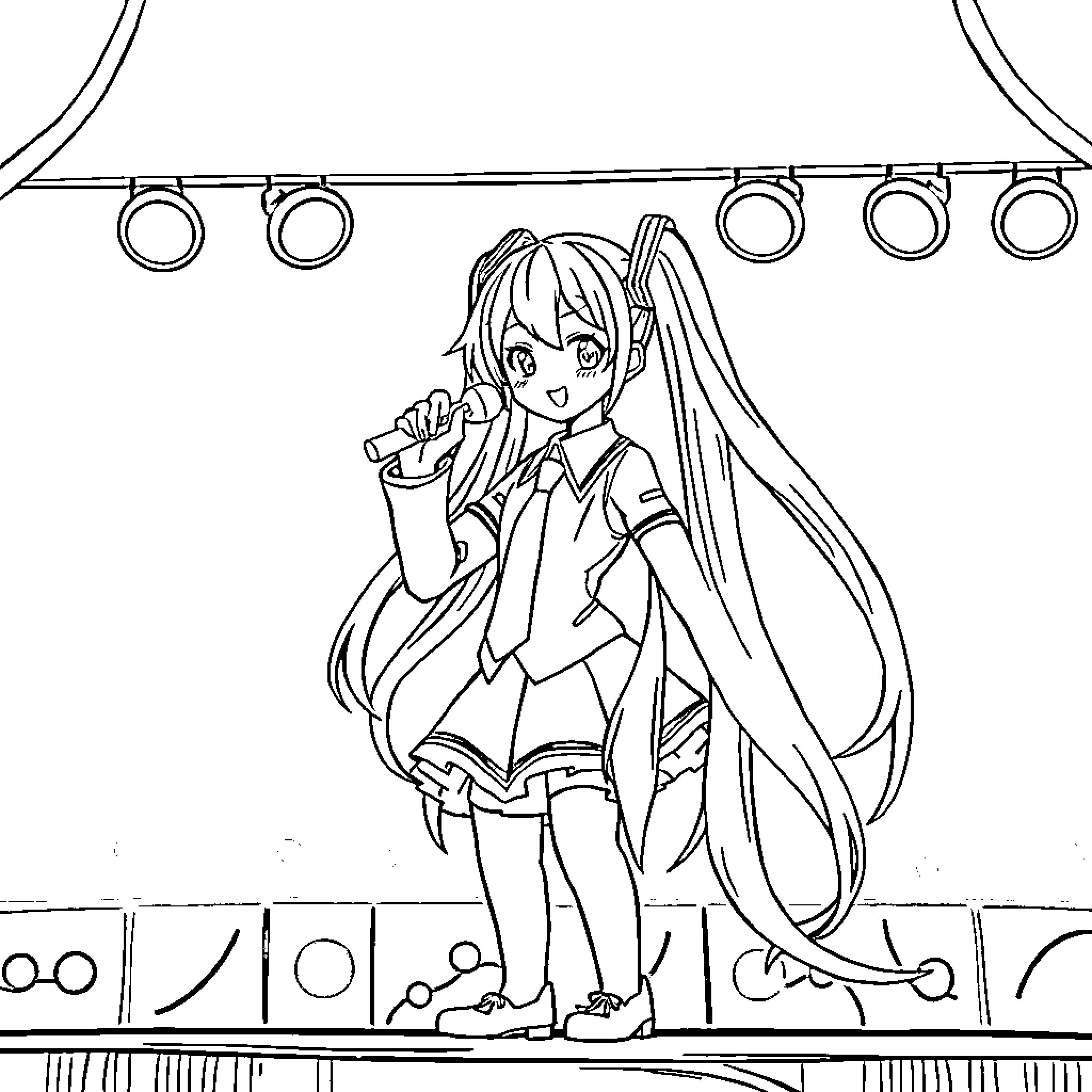 Hatsune Miku performing on stage Coloring Page (free black-and-white line drawing printable PDF for all, from beginners to advanced learners, including children, teens, adults, and seniors)