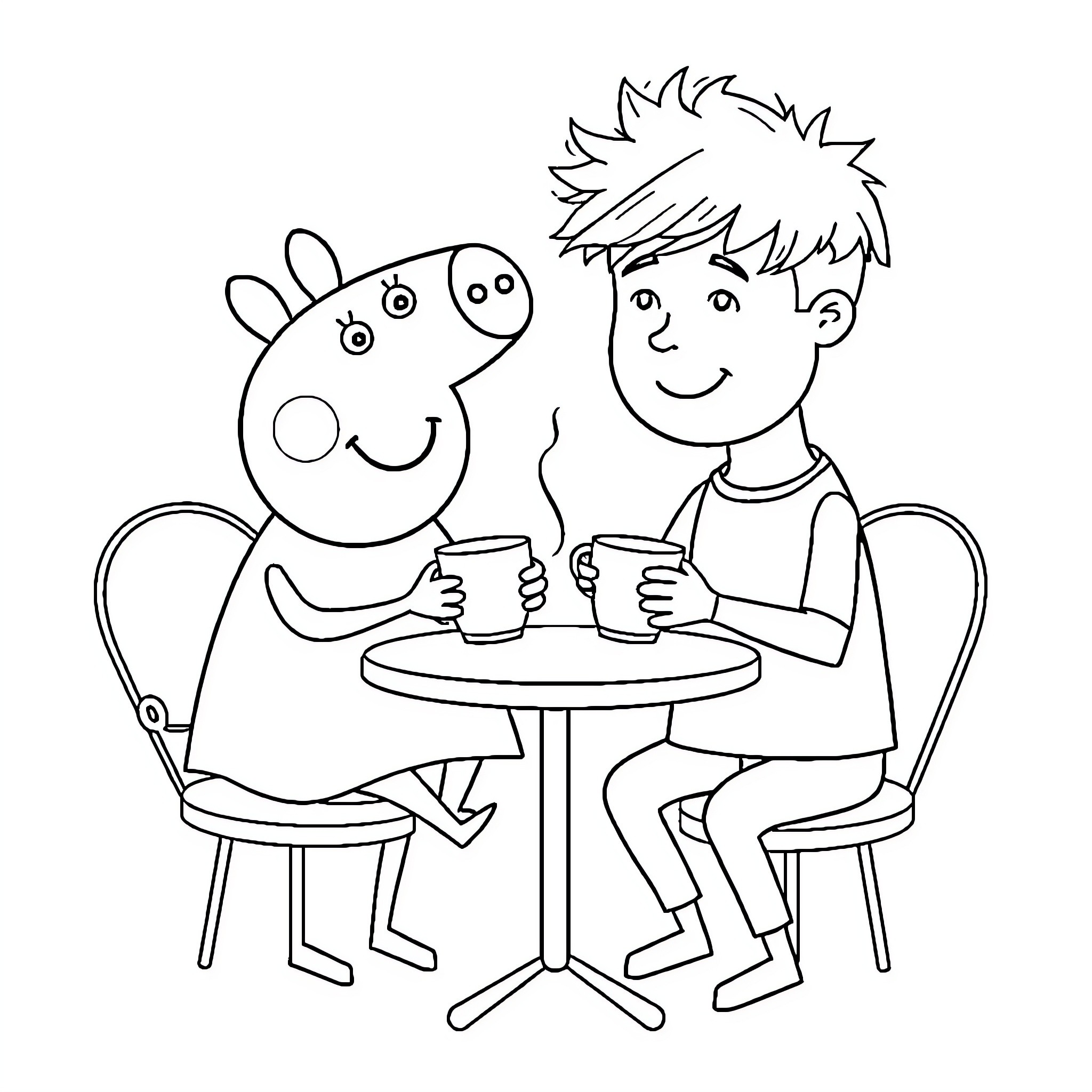 Peppa Pig and Friend Enjoying Drinks Together Coloring Page (free black-and-white line drawing printable PDF for all, from beginners to advanced learners, including children, teens, adults, and seniors)