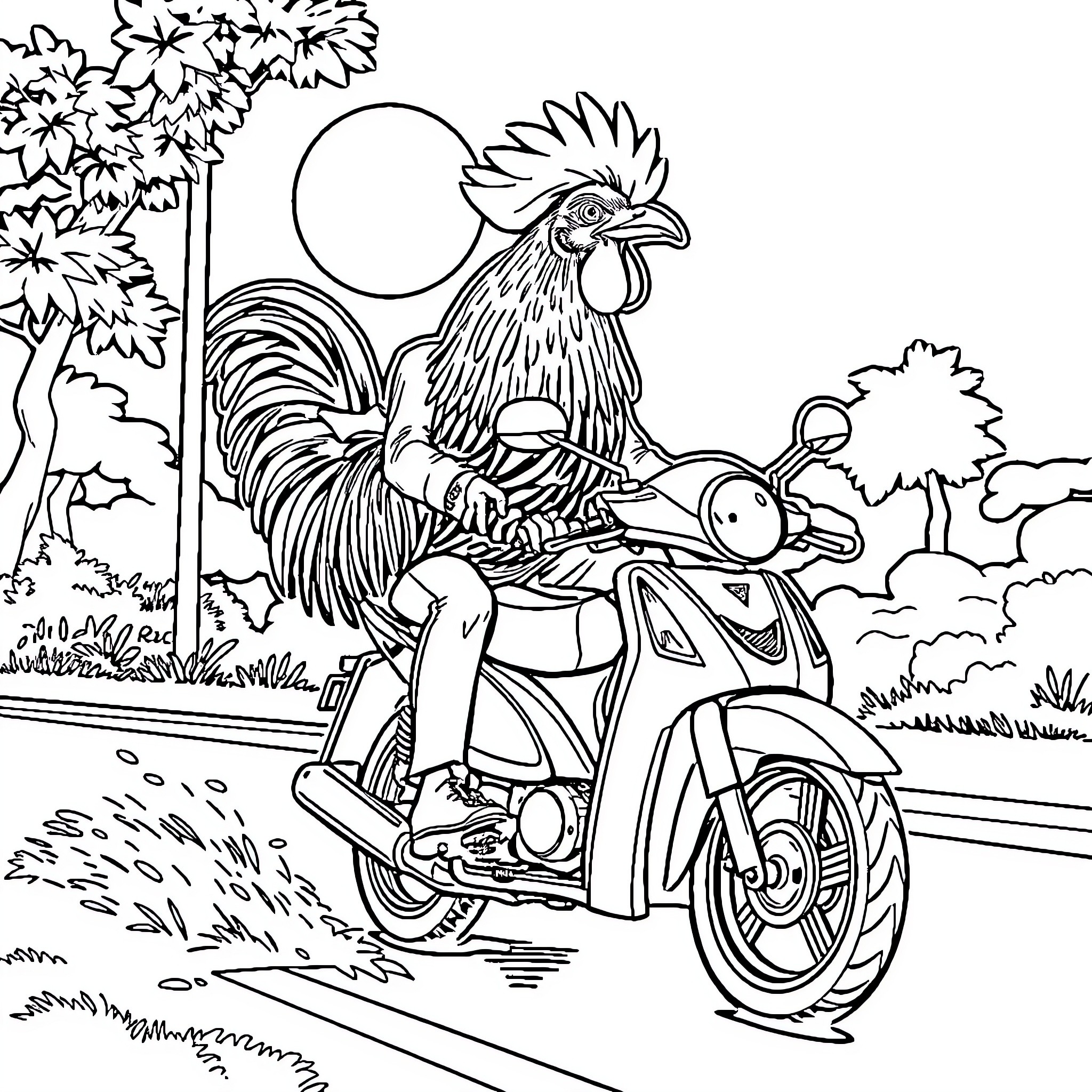 Chicken and Motorcycle on the Road Coloring Page (free black-and-white line drawing printable PDF for all, from beginners to advanced learners, including children, teens, adults, and seniors)
