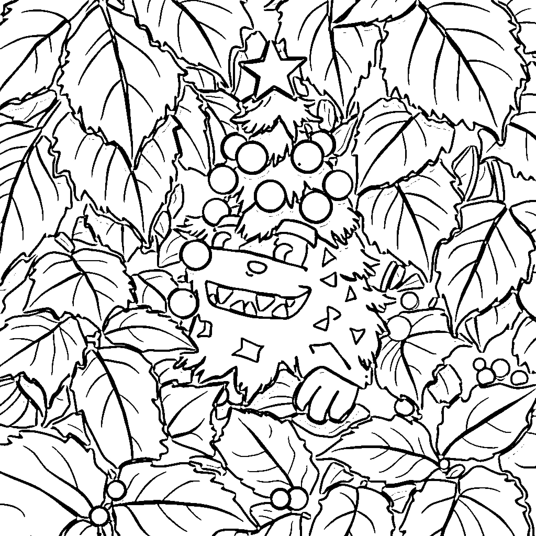 Creeper Creature Hiding in Leaves Coloring Page (free black-and-white line drawing printable PDF for all, from beginners to advanced learners, including children, teens, adults, and seniors)