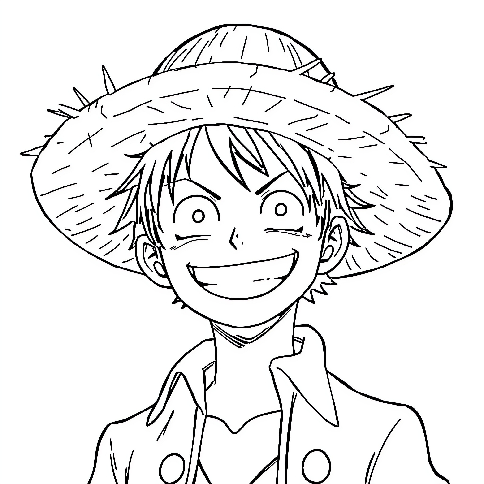 Luffy's Adventurous Grin and Signature Hat Coloring Page (free black-and-white line drawing printable PDF for all, from beginners to advanced learners, including children, teens, adults, and seniors)