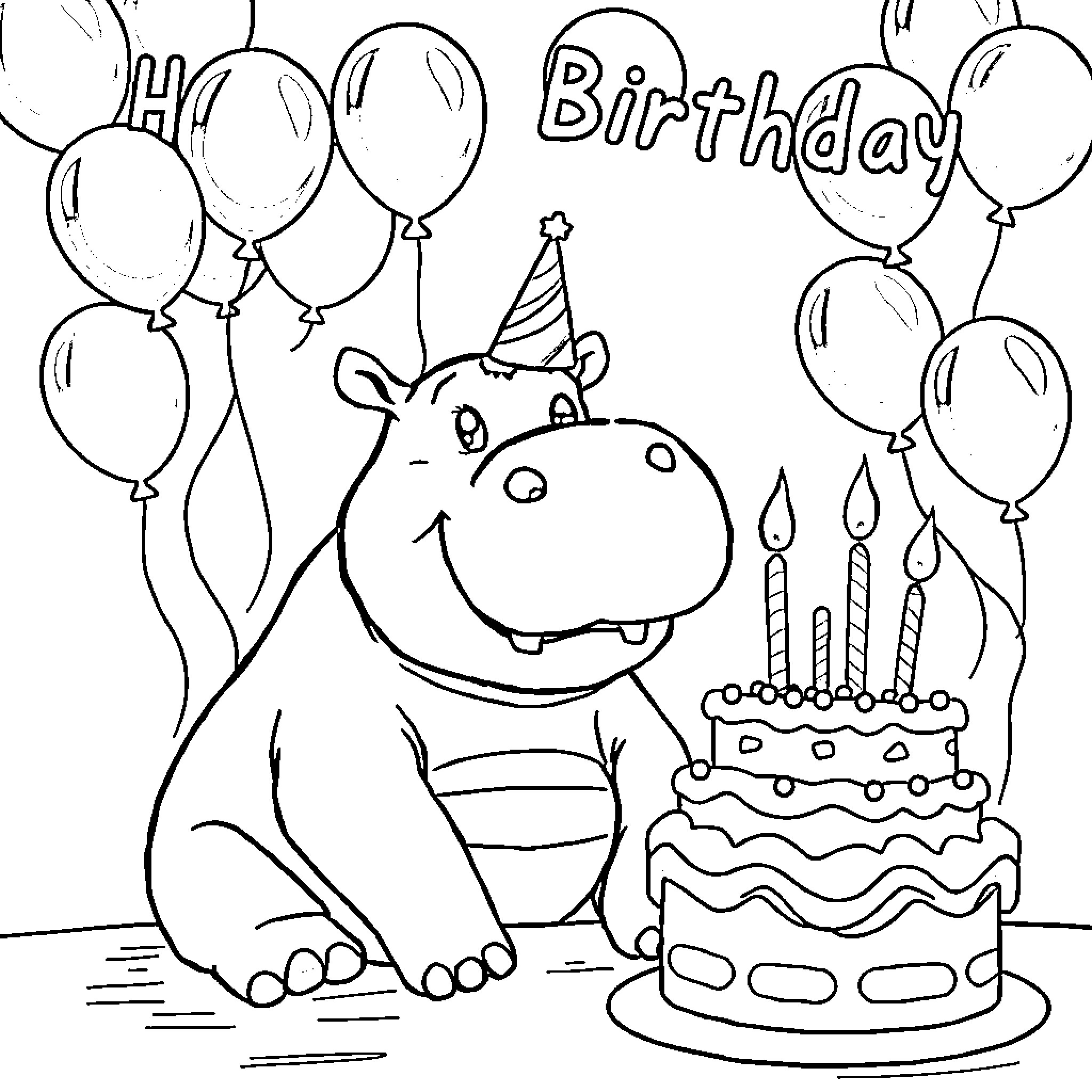 Hippo celebrating birthday with cake and balloons Coloring Page (free black-and-white line drawing printable PDF for all, from beginners to advanced learners, including children, teens, adults, and seniors)