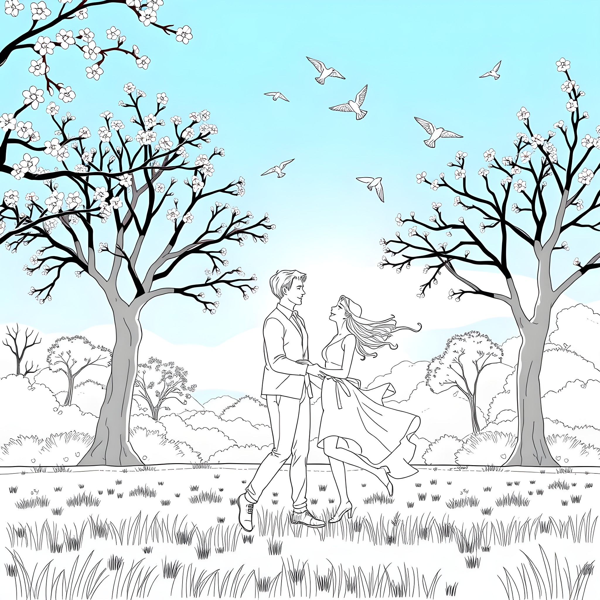 Jonathan's romantic stroll in the park with a loved one Coloring Page (free black-and-white line drawing printable PDF for all, from beginners to advanced learners, including children, teens, adults, and seniors)