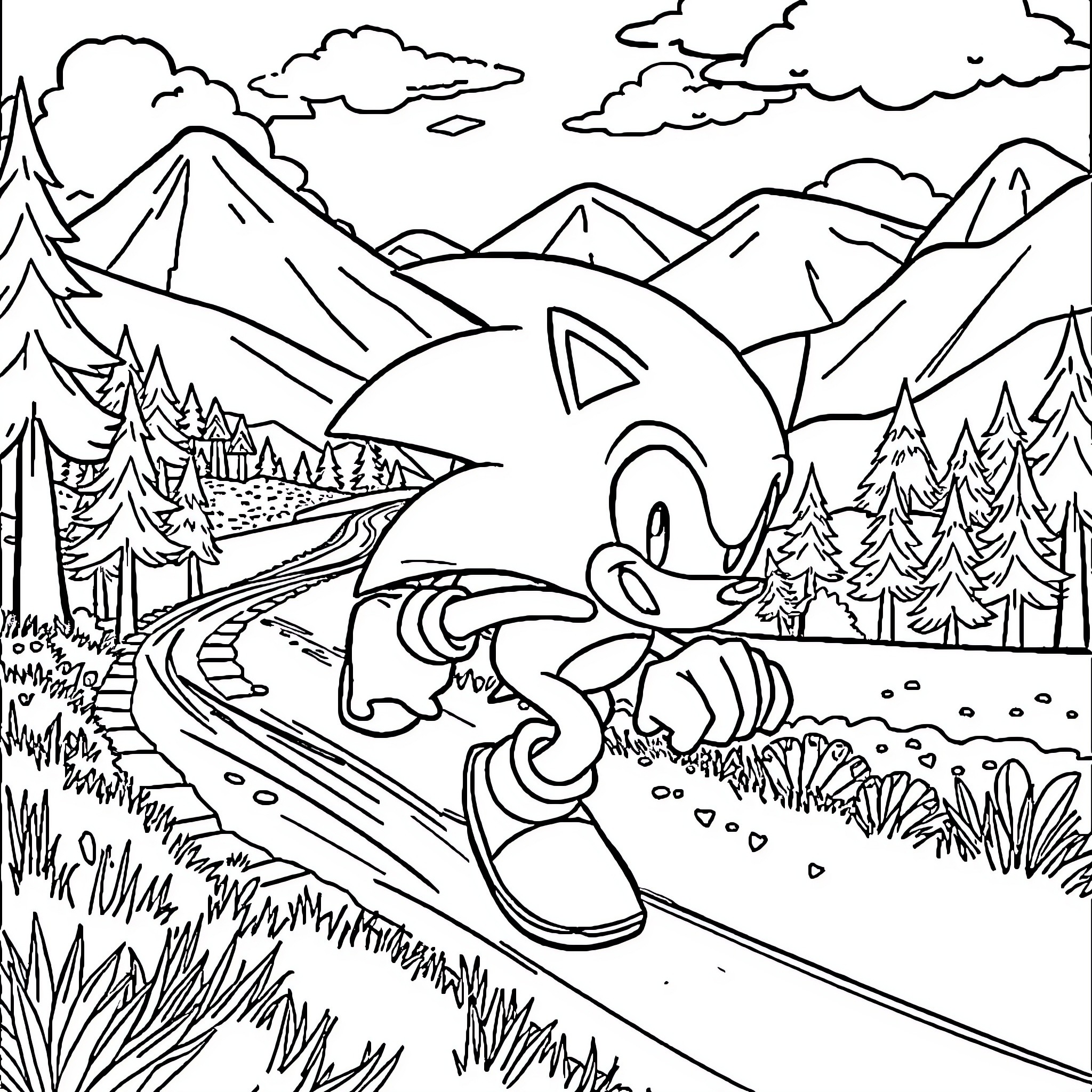 Sonic's Peaceful Nature Adventure Coloring Page (free black-and-white line drawing printable PDF for all, from beginners to advanced learners, including children, teens, adults, and seniors)