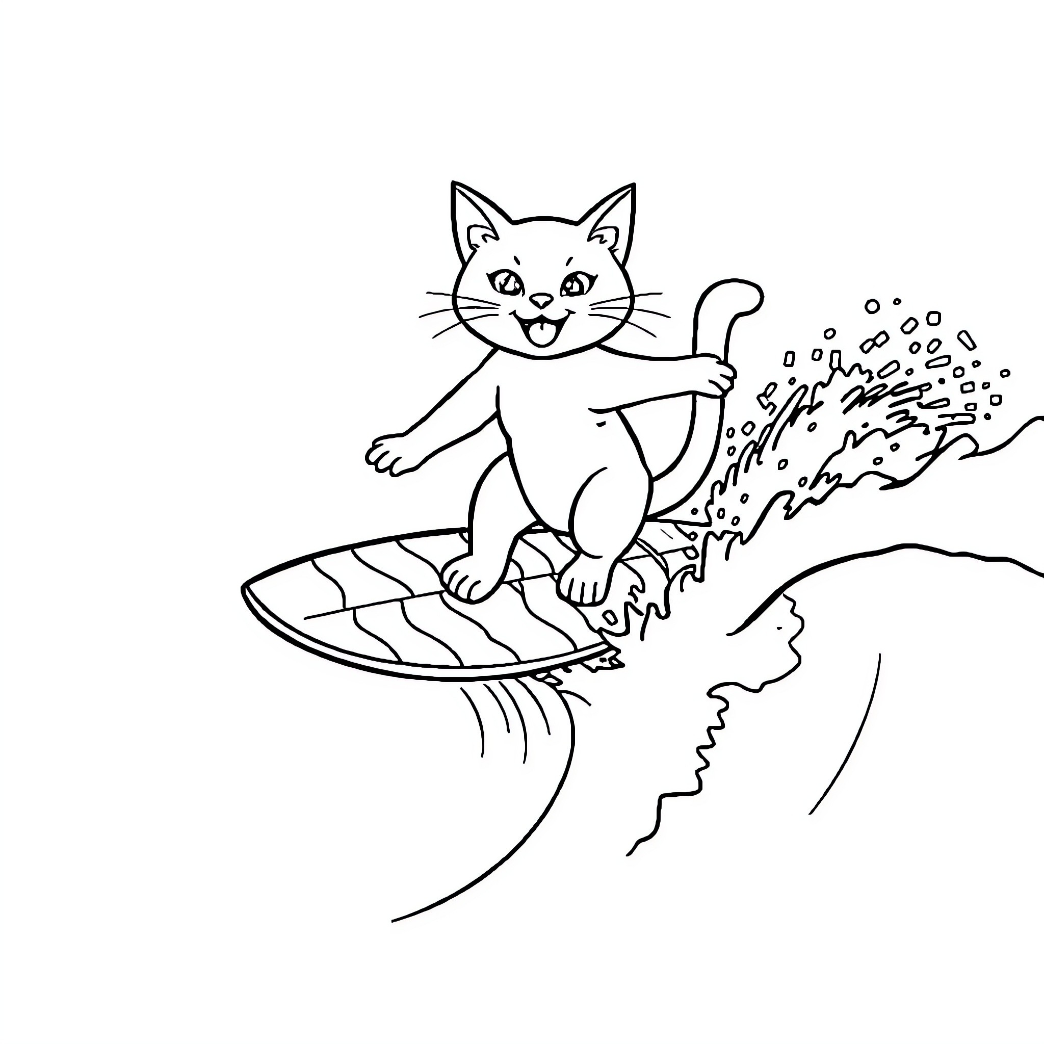 Cat riding a surfboard on waves Coloring Page (free black-and-white line drawing printable PDF for all, from beginners to advanced learners, including children, teens, adults, and seniors)