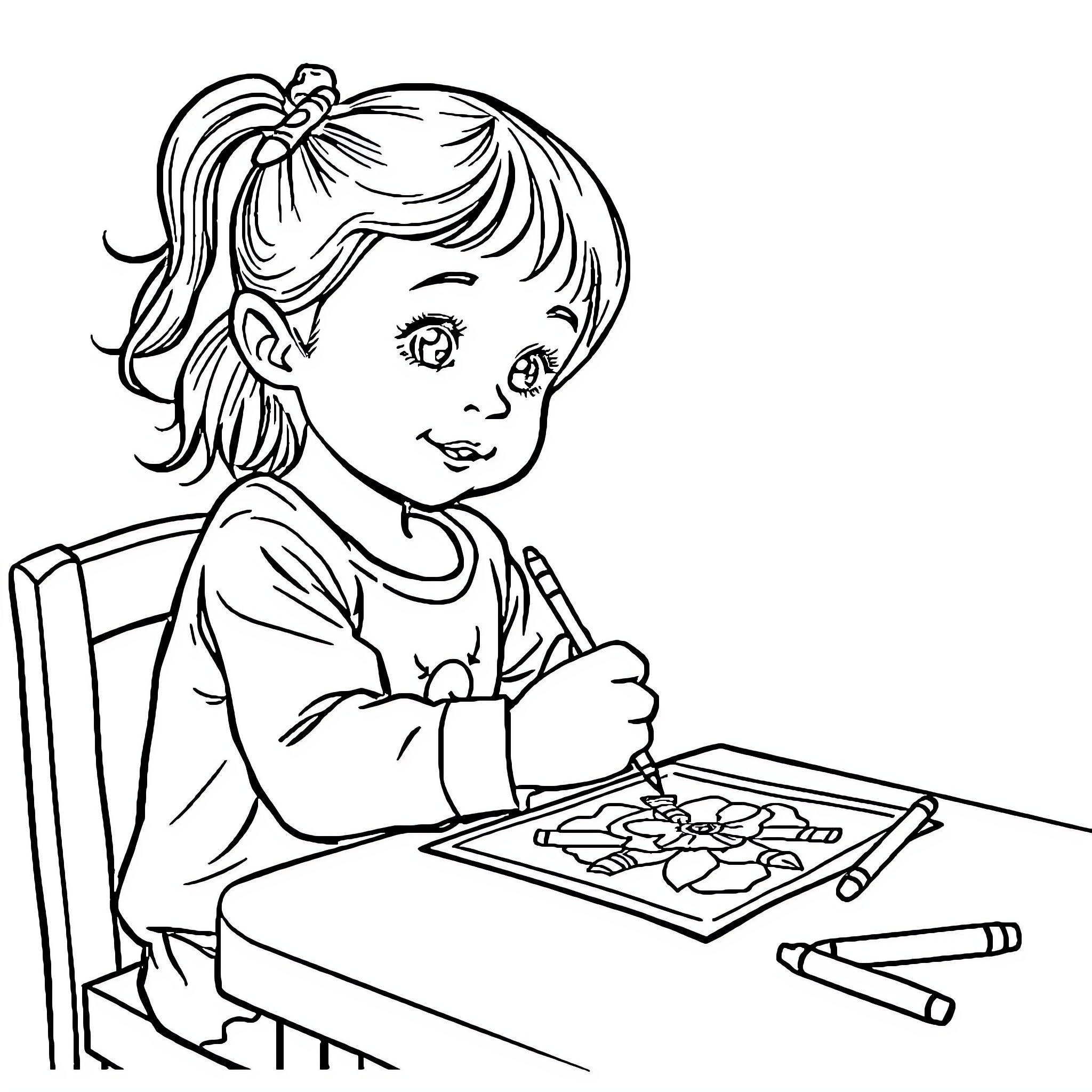 Girl Coloring at the Desk with Crayons Coloring Page (free black-and-white line drawing printable PDF for all, from beginners to advanced learners, including children, teens, adults, and seniors)
