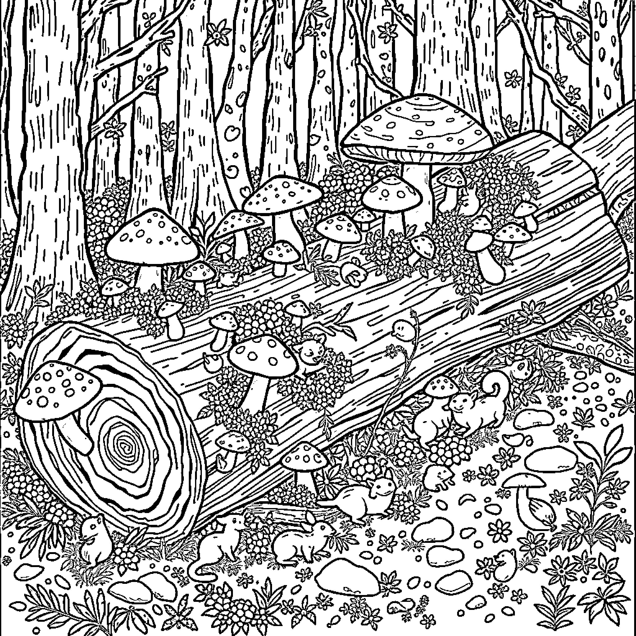 Log Mushrooms and Wildlife in the Forest Coloring Page (free black-and-white line drawing printable PDF for all, from beginners to advanced learners, including children, teens, adults, and seniors)