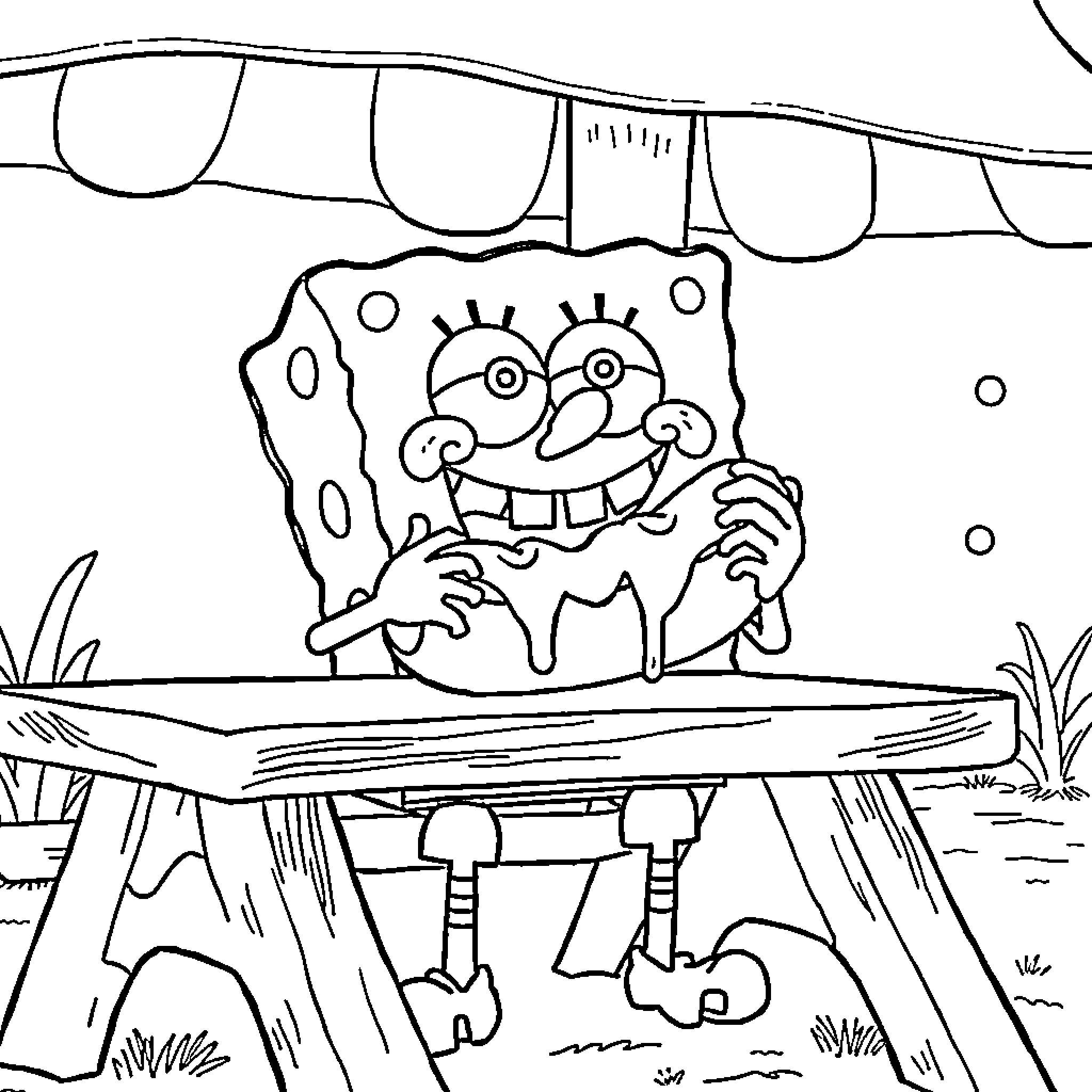 Spongebob joyfully jumping on a wooden table Coloring Page (free black-and-white line drawing printable PDF for all, from beginners to advanced learners, including children, teens, adults, and seniors)
