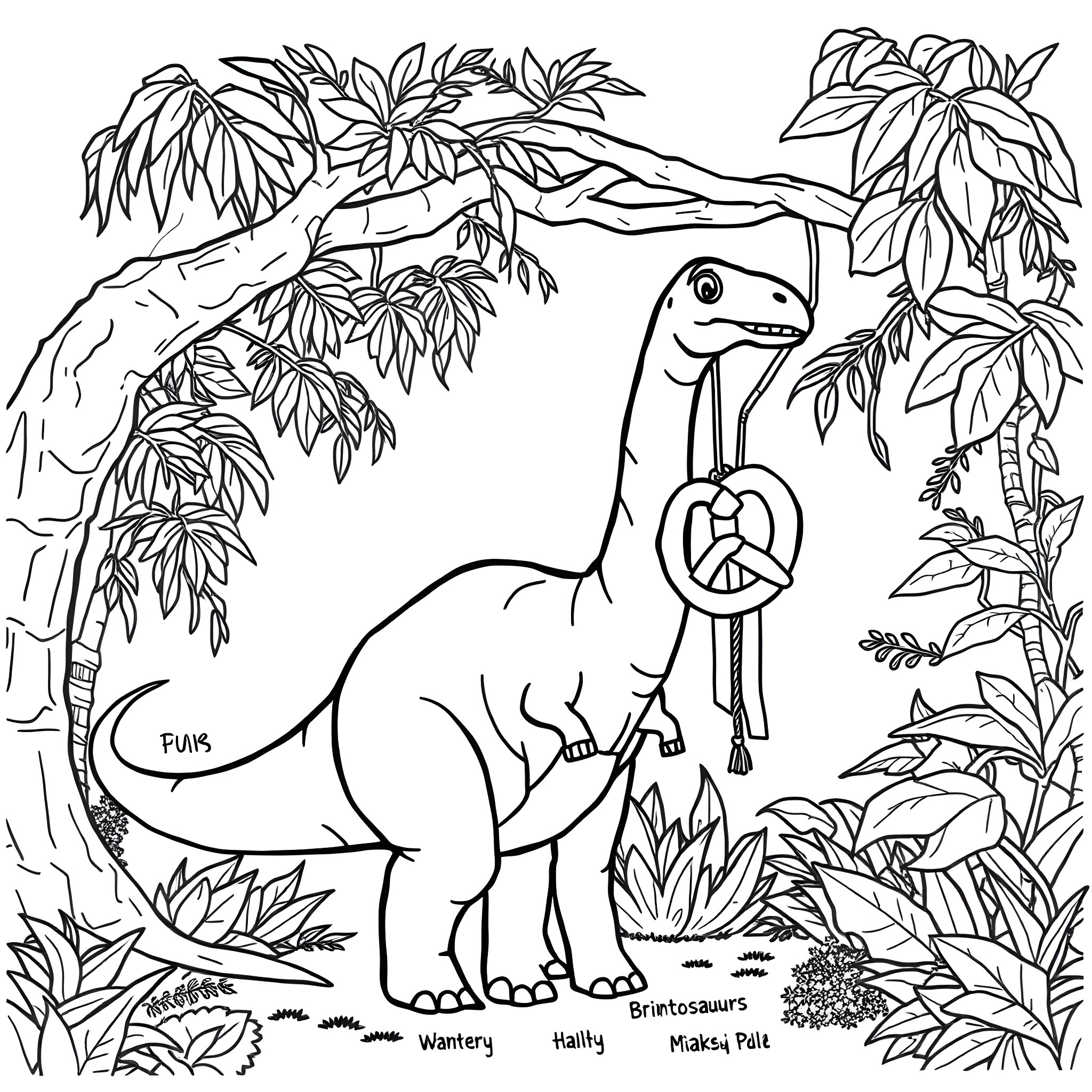 Brontosaurus playing happily in the jungle Coloring Page (free black-and-white line drawing printable PDF for all, from beginners to advanced learners, including children, teens, adults, and seniors)