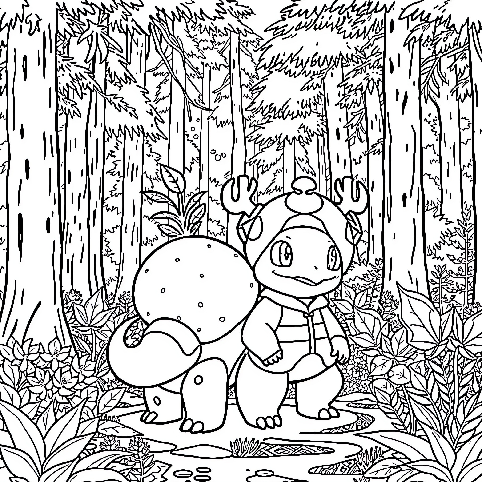 Bulbasaur exploring the lush forest Coloring Page (free black-and-white line drawing printable PDF for all, from beginners to advanced learners, including children, teens, adults, and seniors)