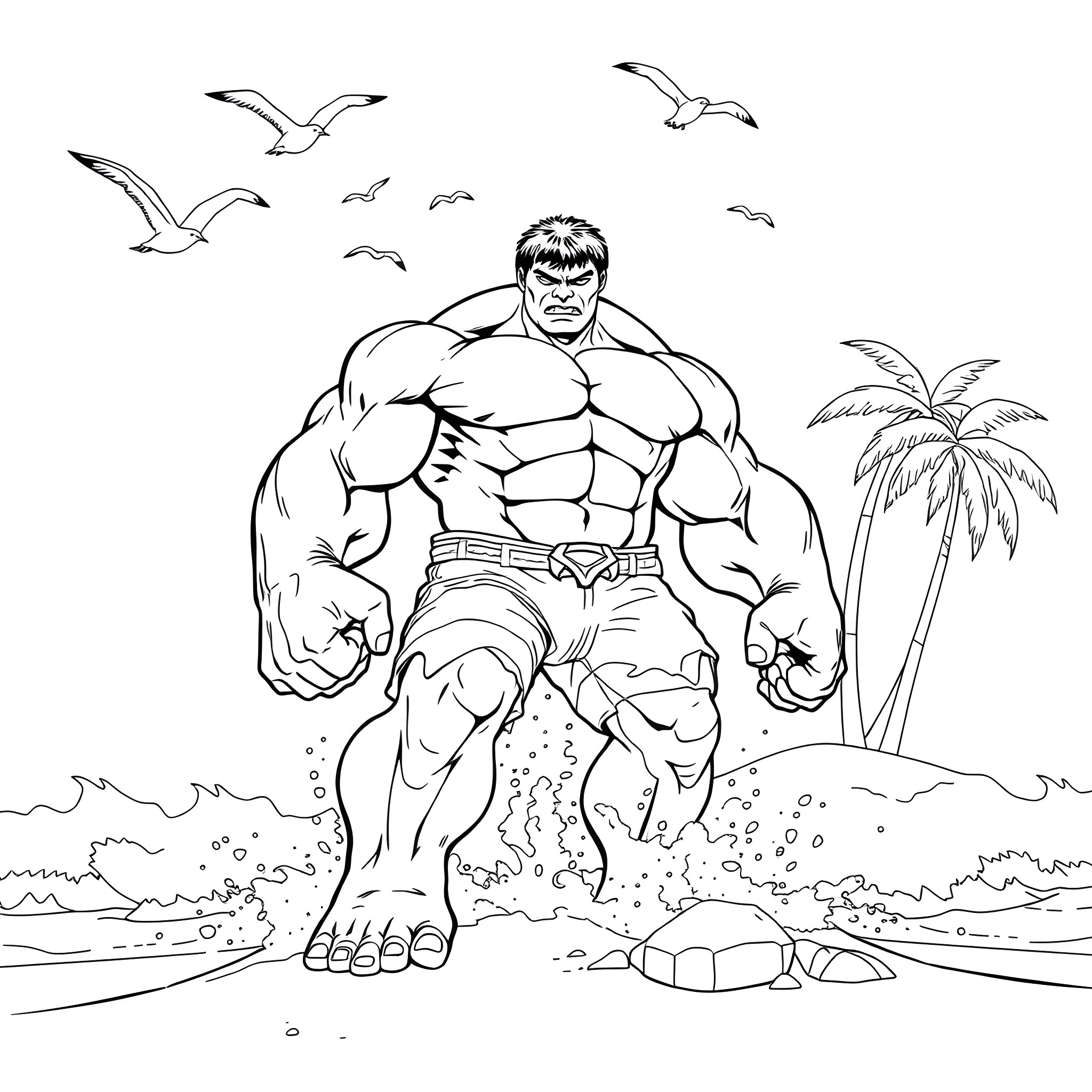 Hulk unleashing power on tropical beach Coloring Page (free black-and-white line drawing printable PDF for all, from beginners to advanced learners, including children, teens, adults, and seniors)
