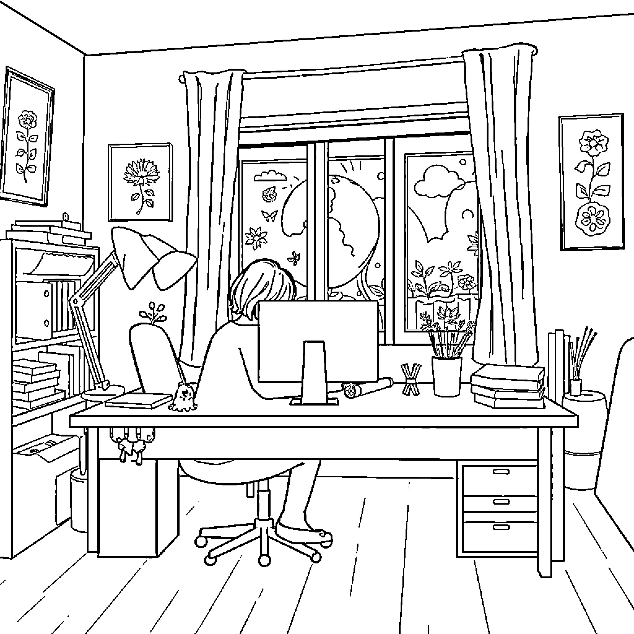 Fête of Creative Productivity in a Cozy Workspace Coloring Page (free black-and-white line drawing printable PDF for all, from beginners to advanced learners, including children, teens, adults, and seniors)