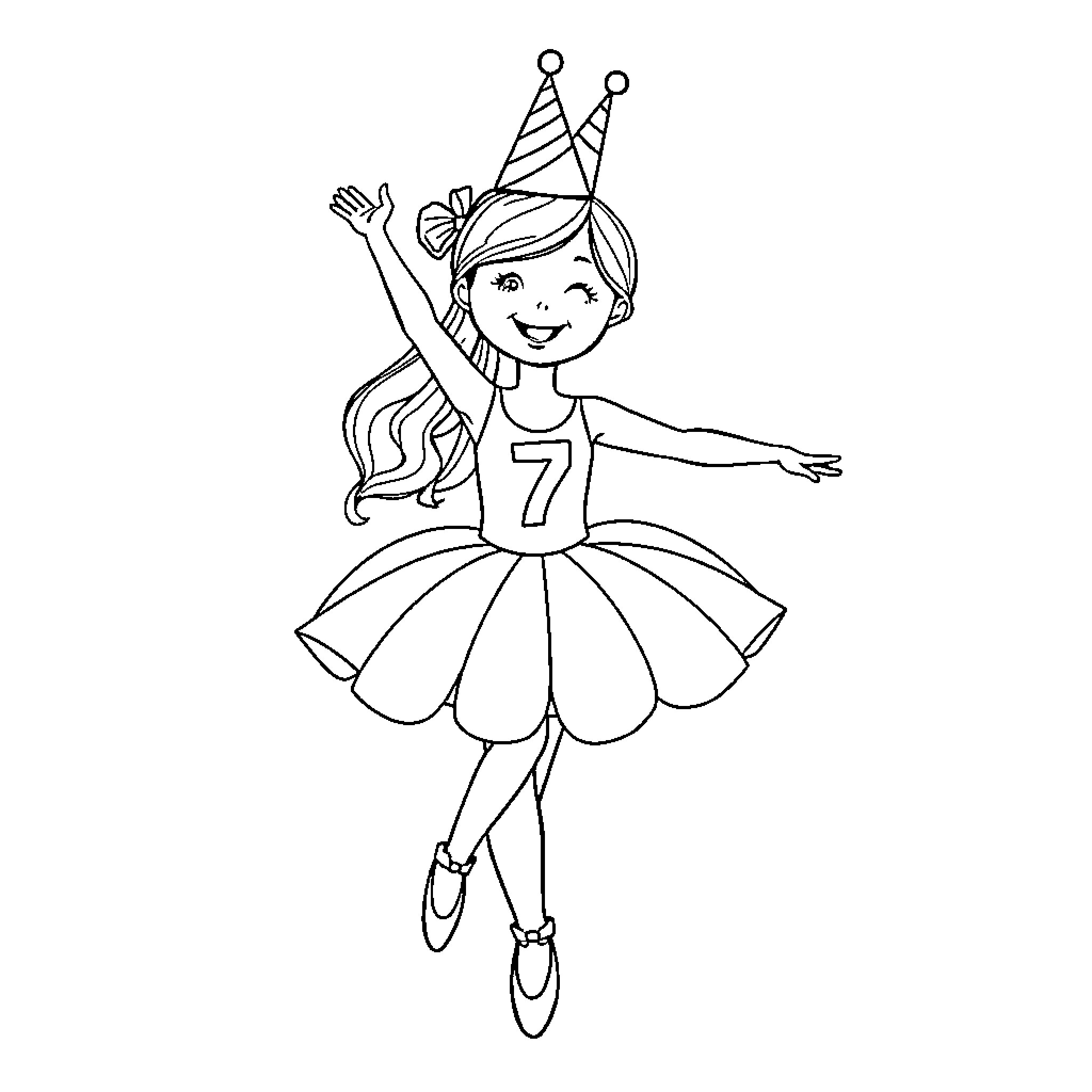 Ballerina in joyful dance pose Coloring Page (free black-and-white line drawing printable PDF for all, from beginners to advanced learners, including children, teens, adults, and seniors)