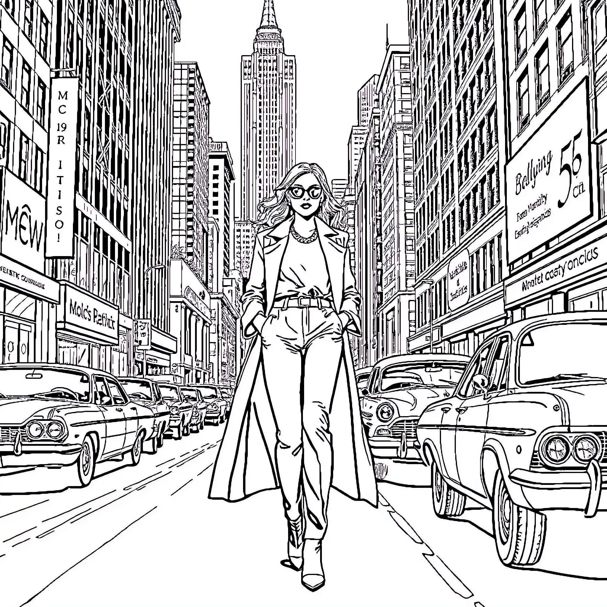 Model Walks Confidently Through Bustling City Street Coloring Page (free black-and-white line drawing printable PDF for all, from beginners to advanced learners, including children, teens, adults, and seniors)